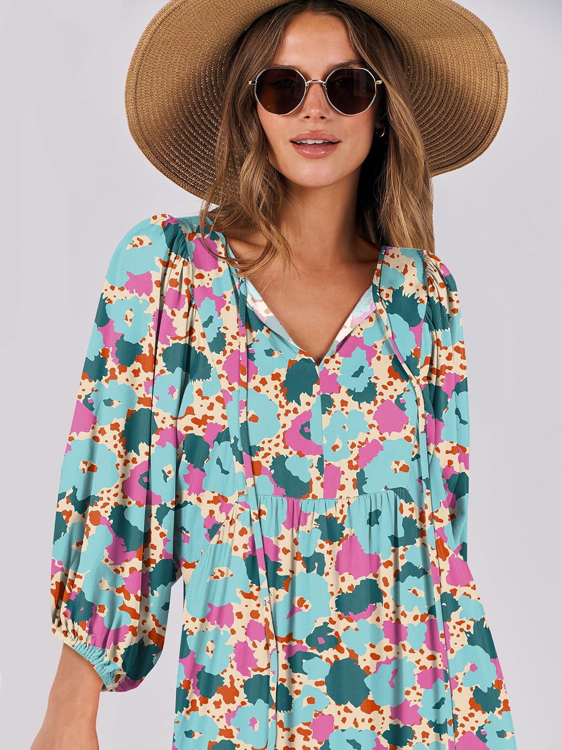 Detalle de ANRABESS Womens Boho Floral 3/4 Puff Sleeve Maxi Dress