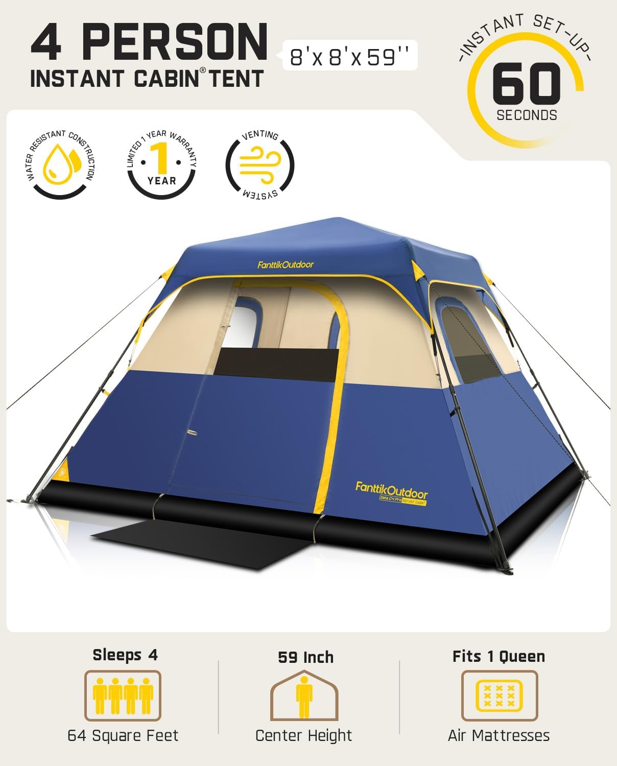 Thumbnail 4 de FanttikOutdoor Instant Cabin Camping Tent (4/6/8/10 Person) in Navy Blue — Rainfly, Windproof Setup in 60 Seconds