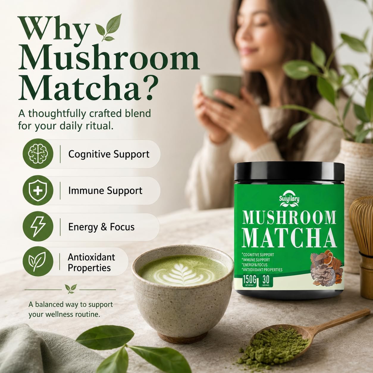 Thumbnail 5 de Suiyilary Mushroom Matcha Powder, 7 Mushroom Blend with MCT Oil, 150g