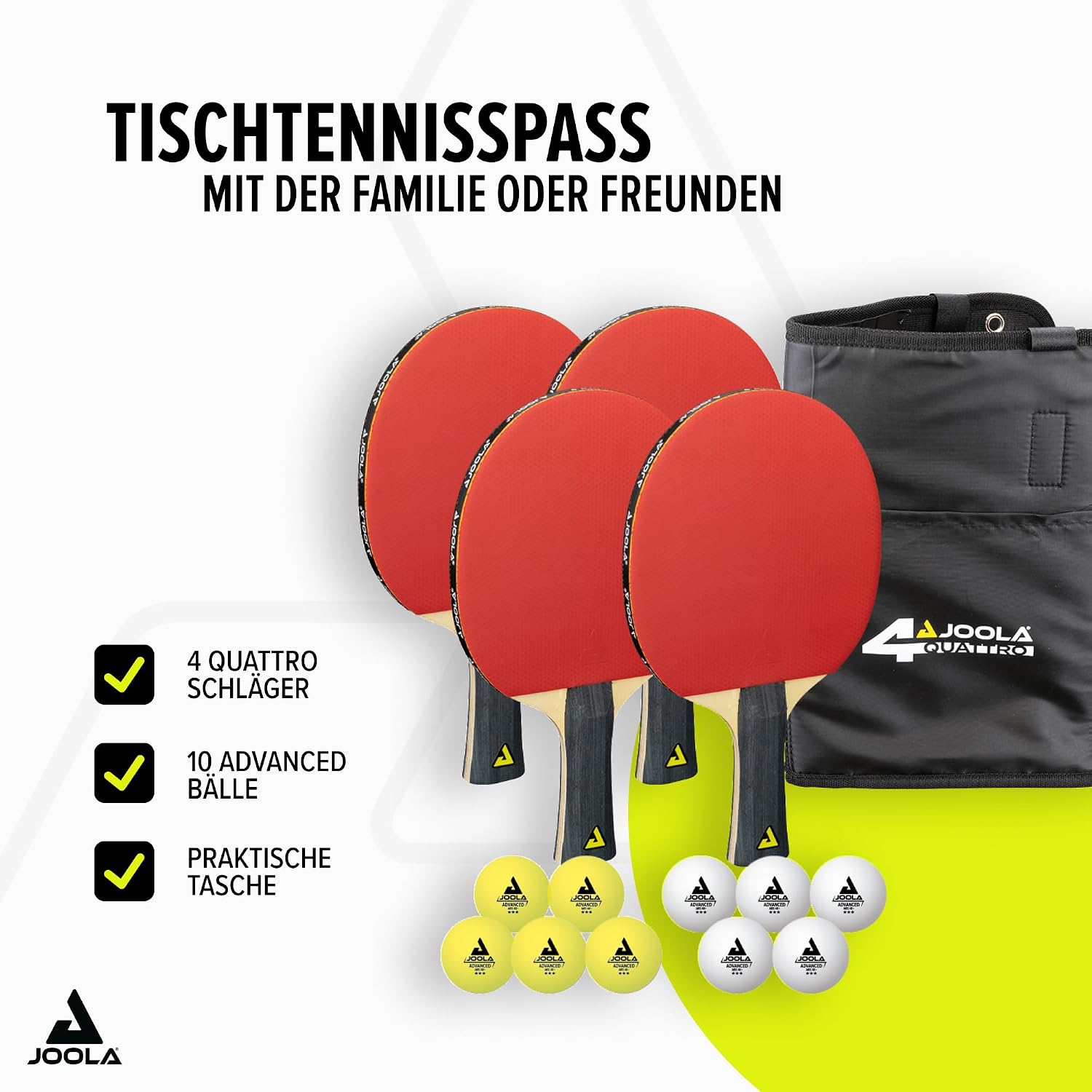 Detalle de JOOLA Tischtennis Set – 4 NEON-Schläger, 8 Bälle und Tragetasche