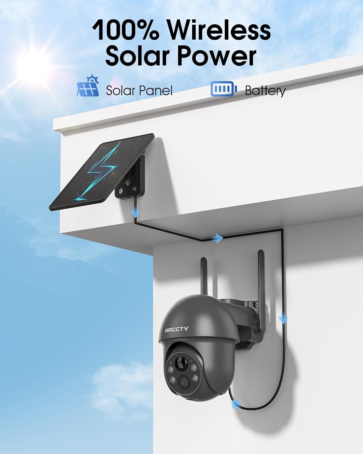 Detalle de ARCCTV Wireless Outdoor Solar Security Cameras (4MP, 360°), Dual-Band WiFi, Night Vision Spotlight, 2-Pack