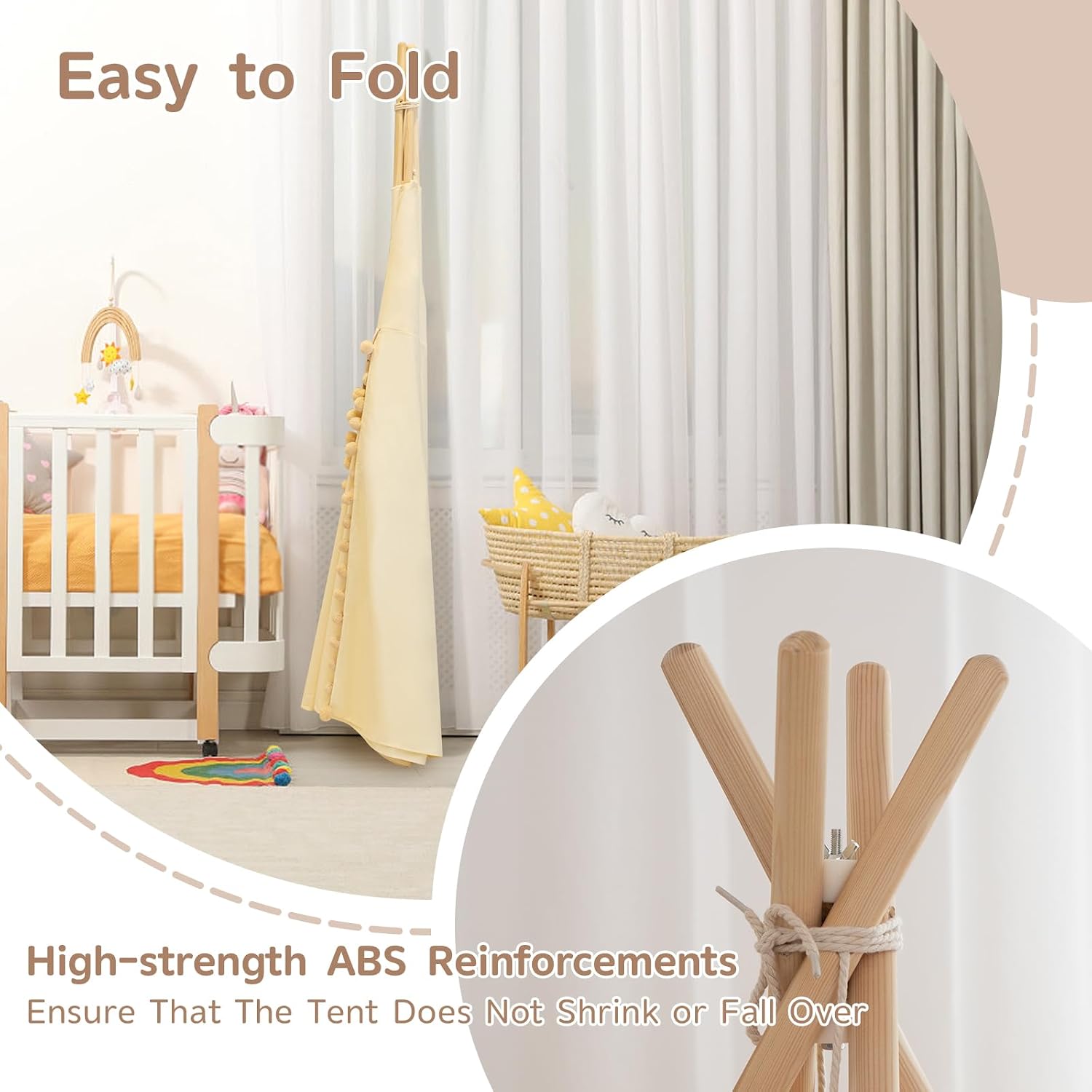 Detalle 2 de WIRHAO kids teepee tent with padded mat, cotton canvas and star lights (cream)