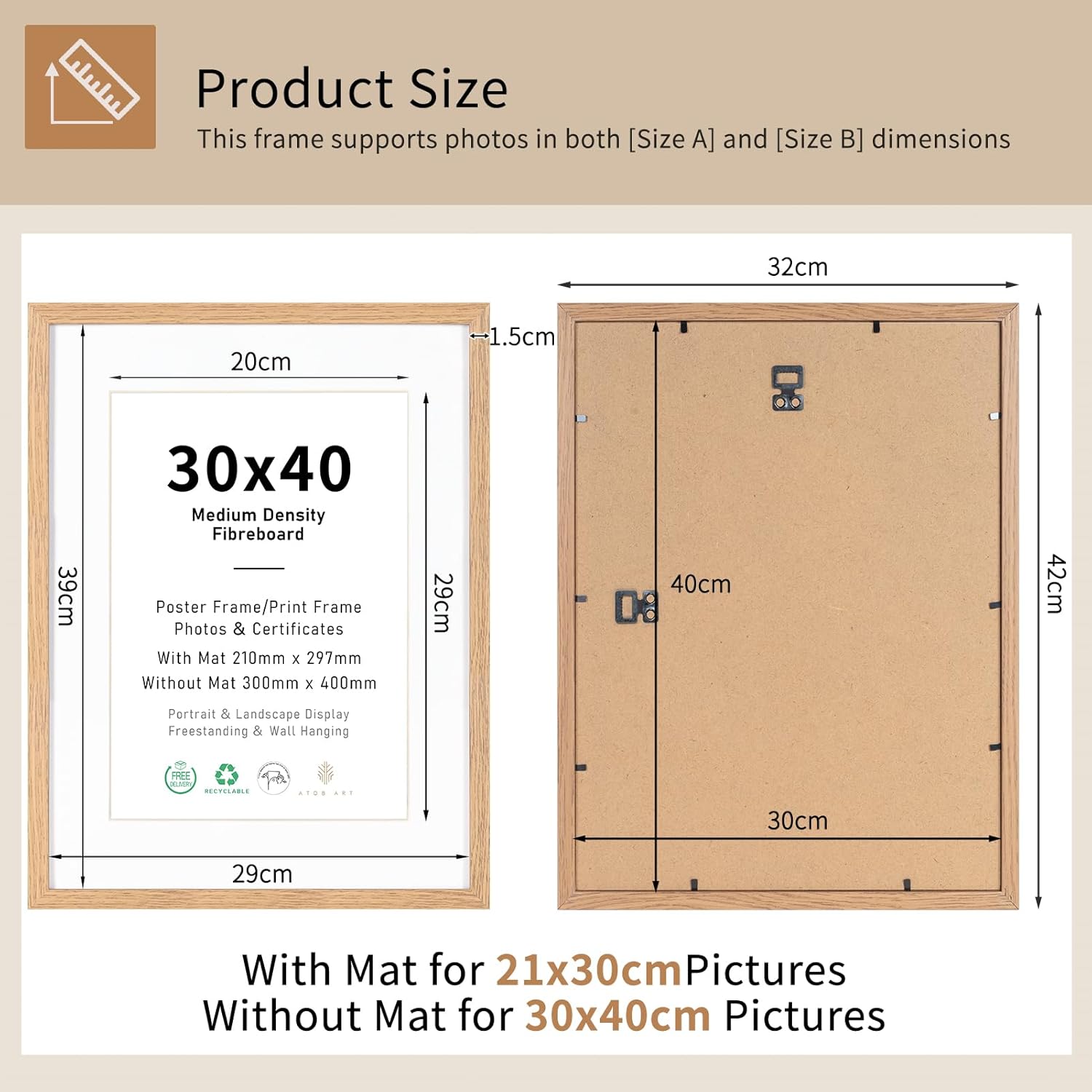 Thumbnail 1 de 30x40 Picture Frame Set of 3 (A4 with mat or 30x40 without mat) in natural wood-effect MDF