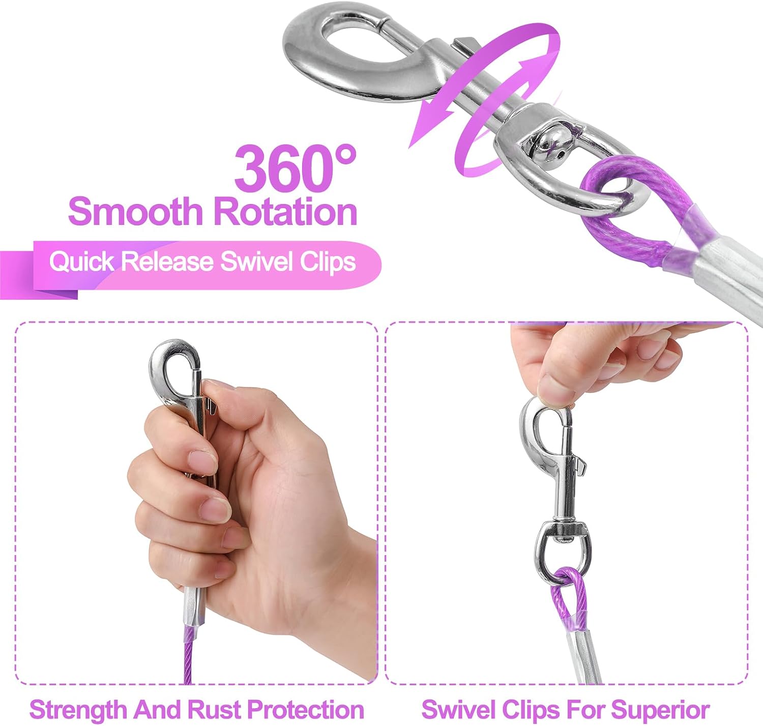Detalle 2 de Mi Metty Dog Tie Out Cable (Chew Proof) – Heavy-duty outdoor runner leash, purple, 20ft (6M)