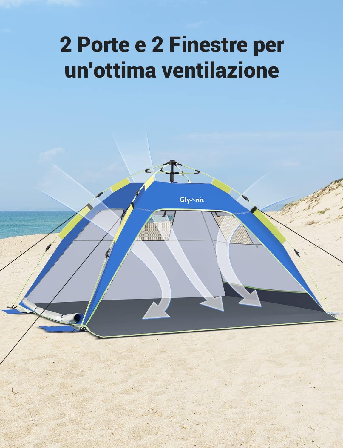 Detalle de Glymnis Tenda da Spiaggia Quick-up: immediata allestimento, protezione UPF50+ e spazi per 3–4 persone