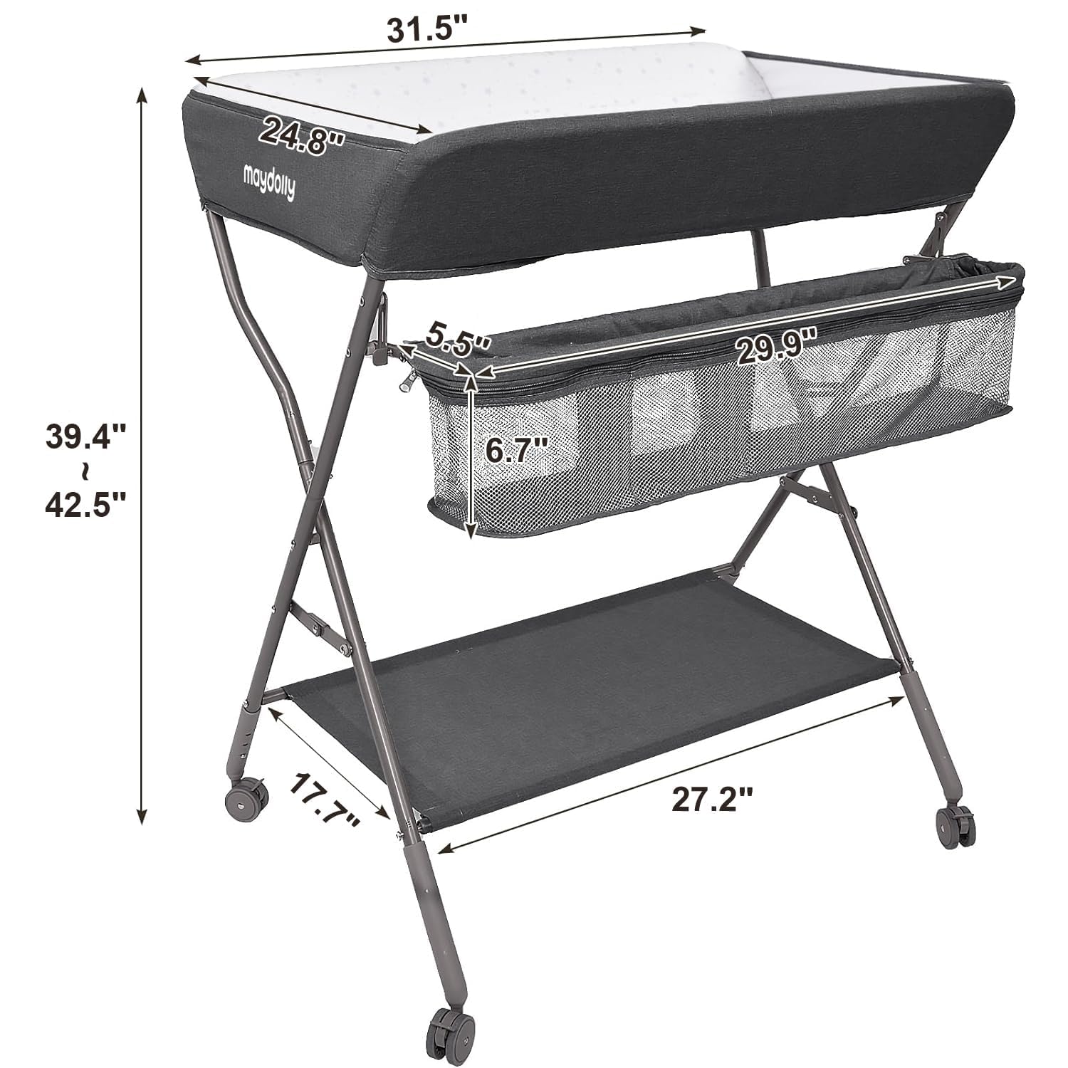 Detalle de Maydolly Baby Changing Table, Folding Adjustable Height with Wheels, Dark Gray
