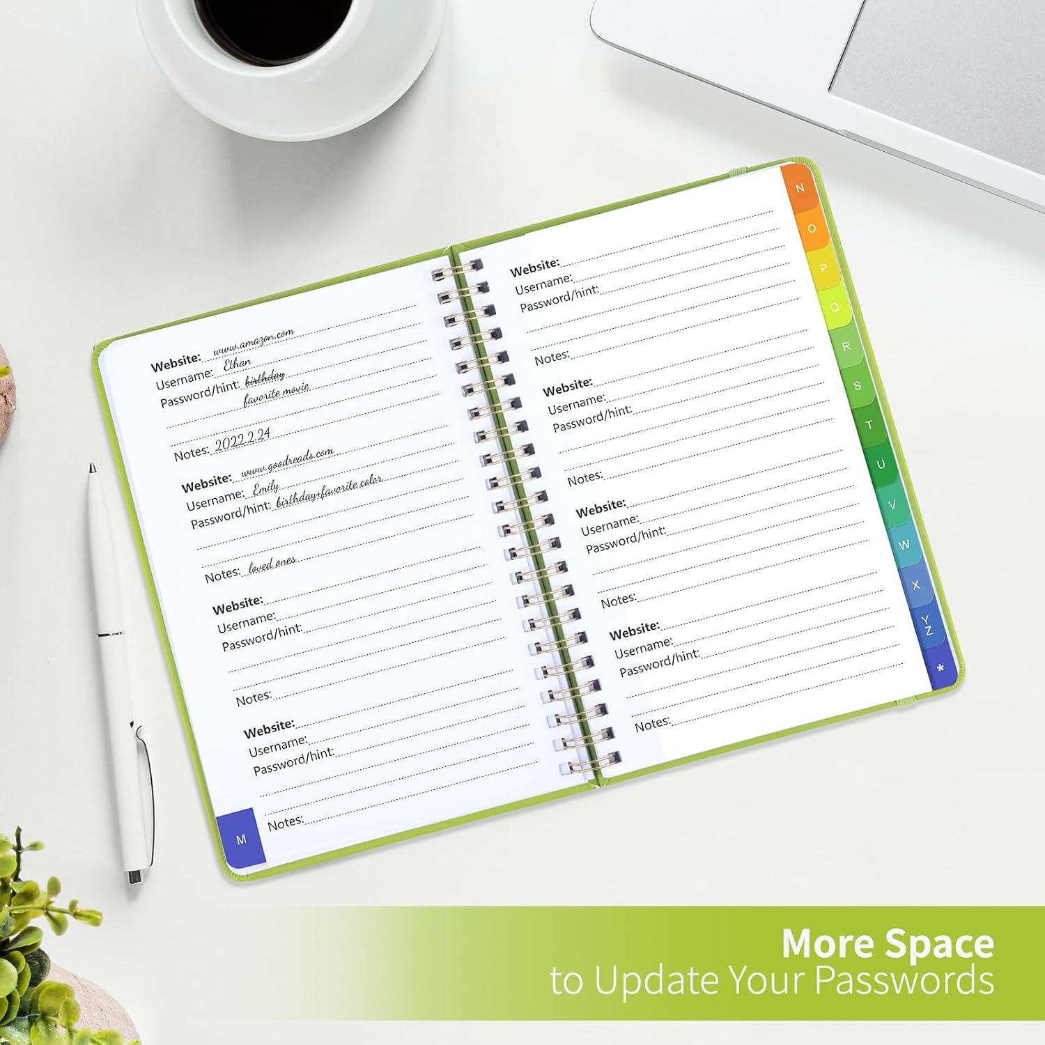 Detalle 2 de Blugool Password Book, 5.7" x 7.7", A-Z Tabs, Spiral Hardcover, GrassGreen