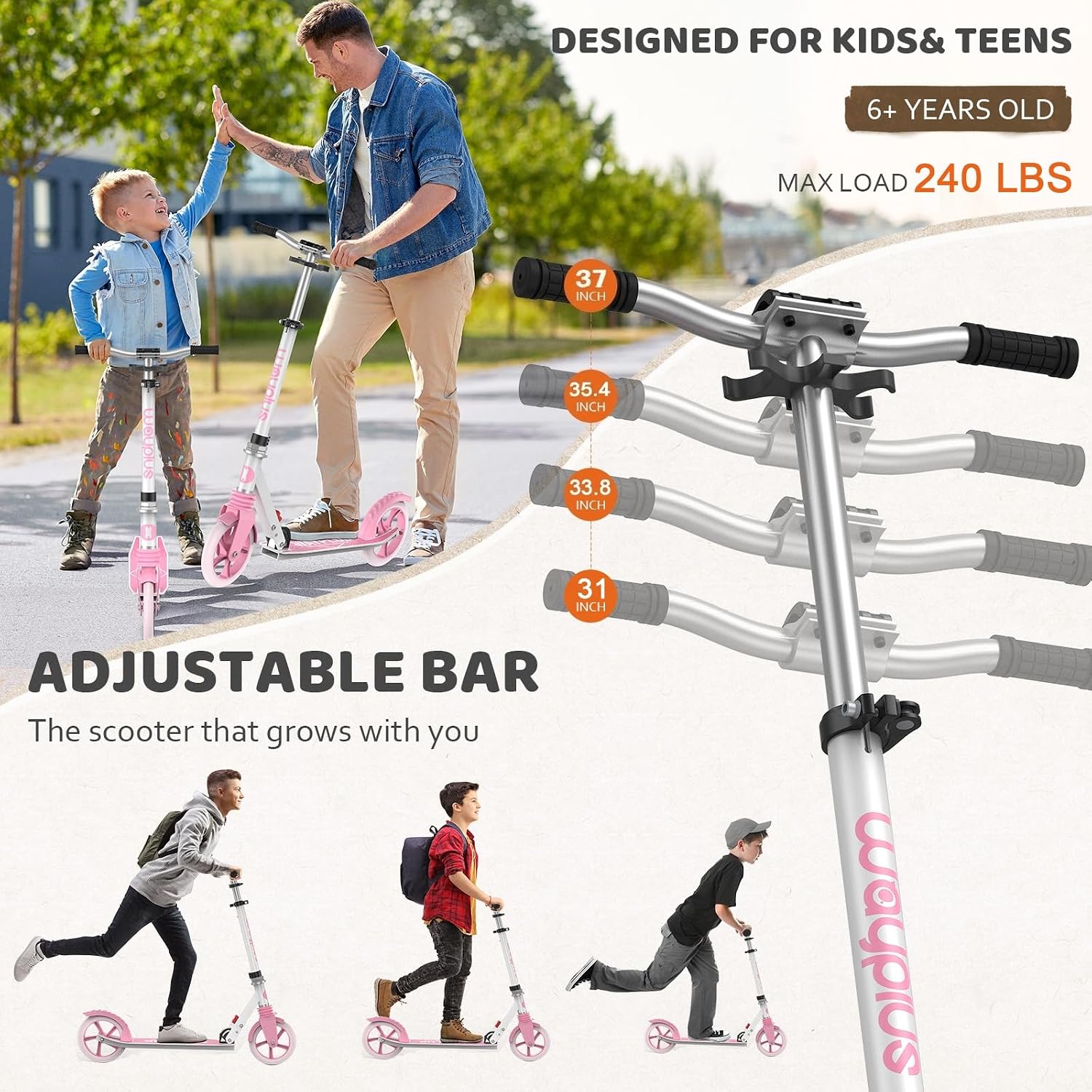 Thumbnail 2 de WAYPLUS Scooter for Kids: 4-Level Height Adjustable, Lean-to-Steer, 200mm Wheels and 108kg Load