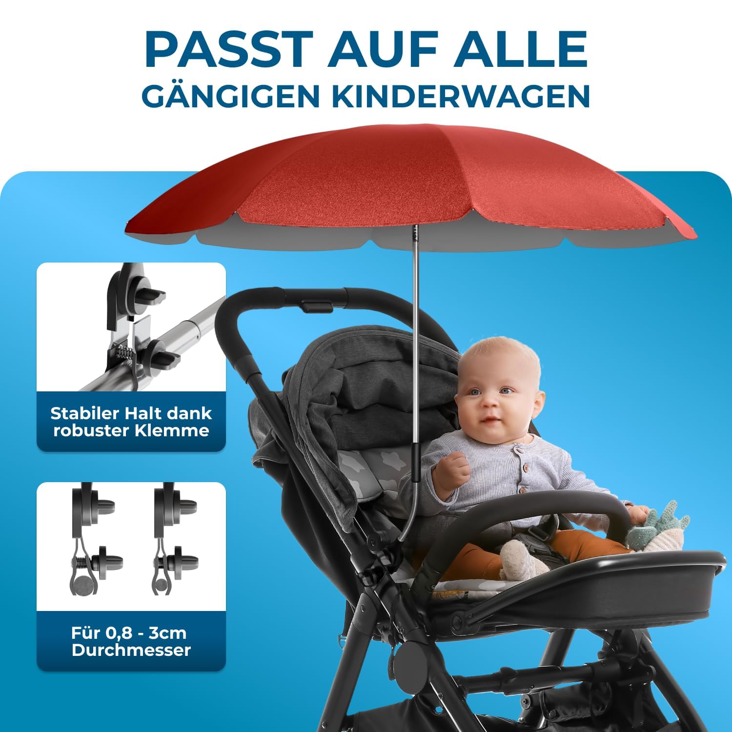 Detalle de STYNGARD Sonnenschirm für Kinderwagen UV Schutz 50+ – 70 cm Durchmesser mit Überhang, Modell ROME (Rot)