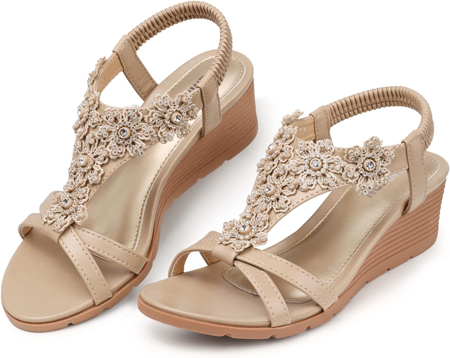 Thumbnail 5 de TEMOFON Women’s Low Wedge Platform Sandals with Elastic Ankle Strap (Open Toe, Flower Rhinestone Detail)