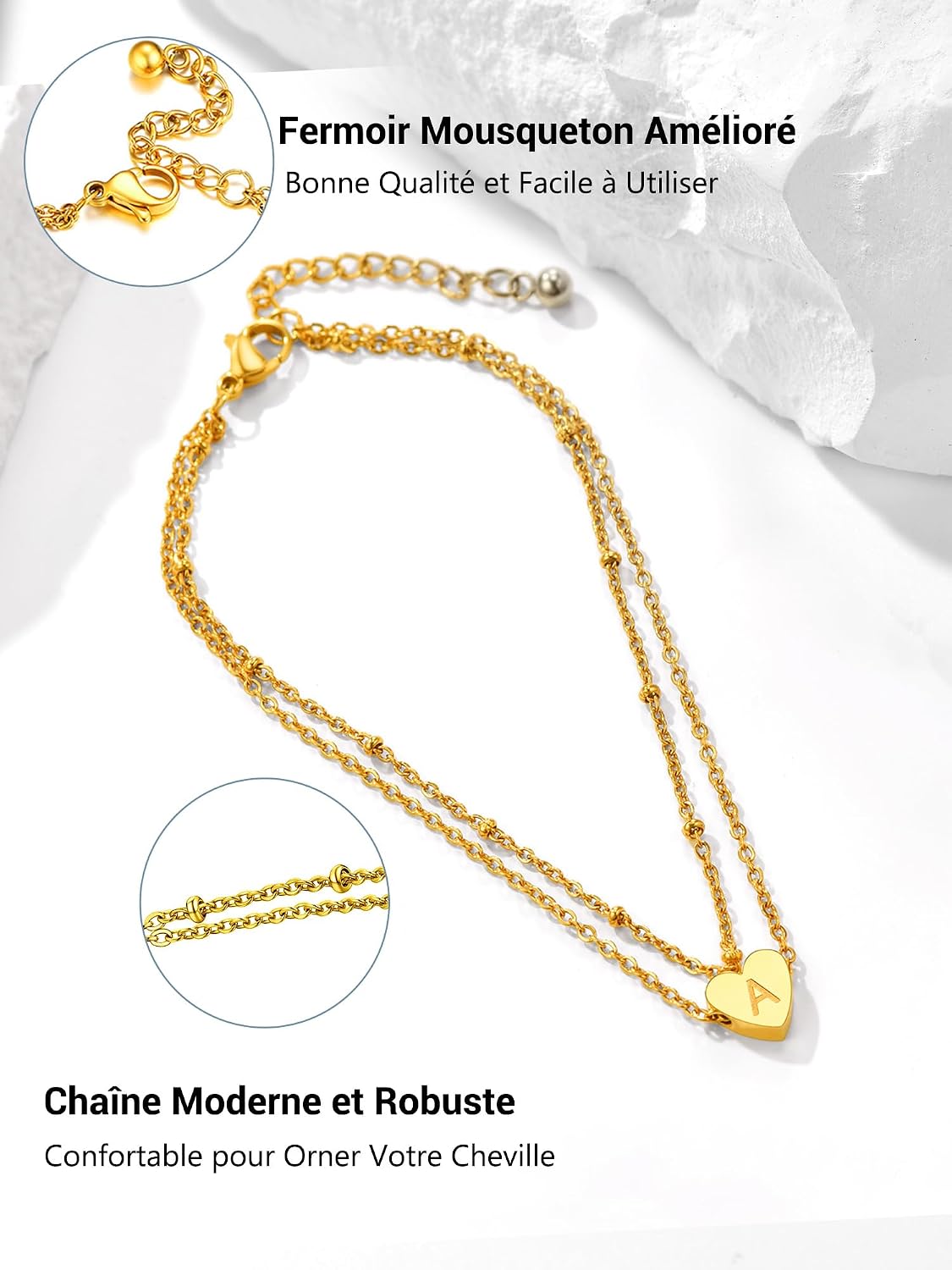 Detalle de PROSTEEL Bracelet de cheville femme plaqué or jaune 18k en acier inox 316L, double chaîne ajustable et charm cœur initiale
