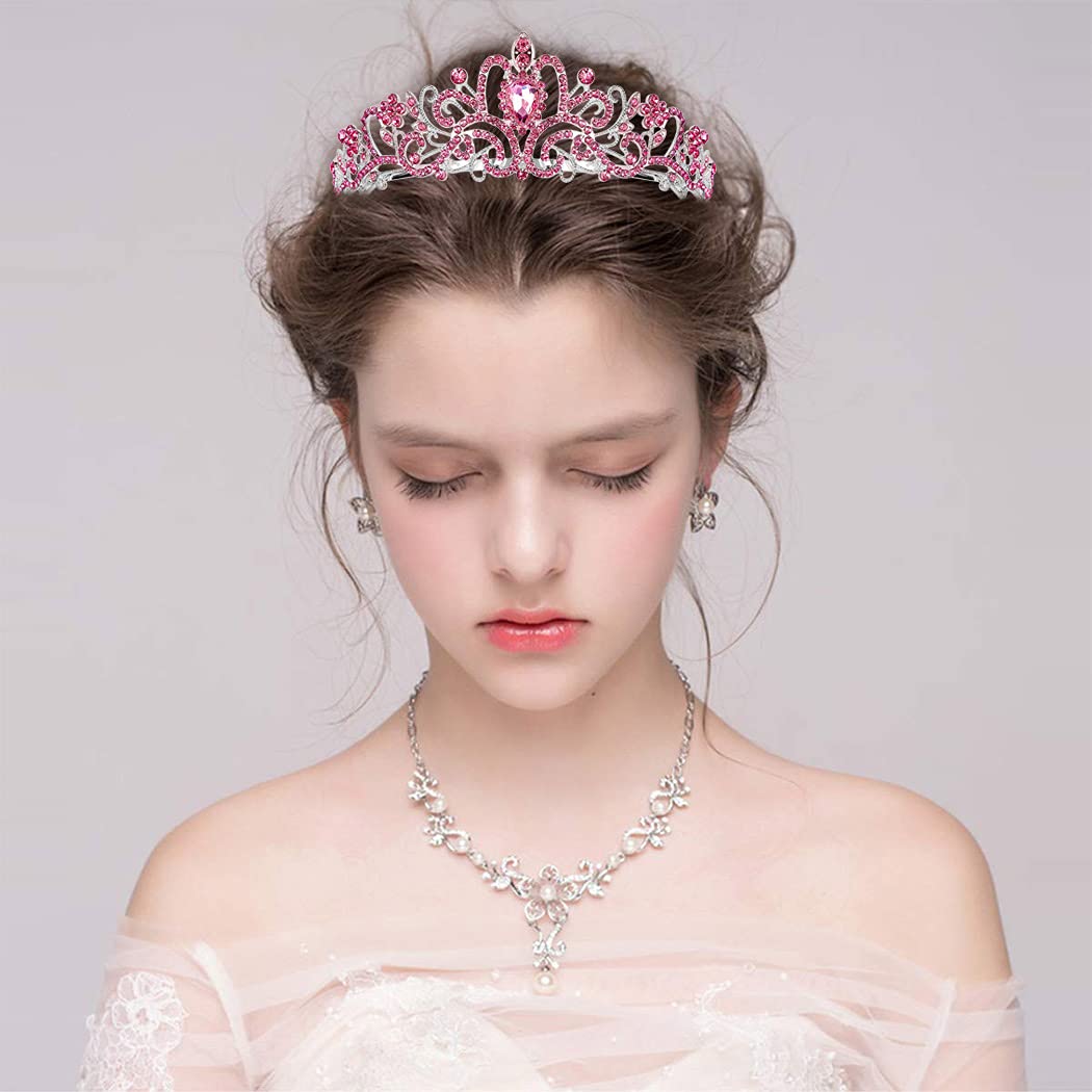 Detalle 2 de Didder Silver Pink Crystal Tiara with Hair Combs for Women and Girls