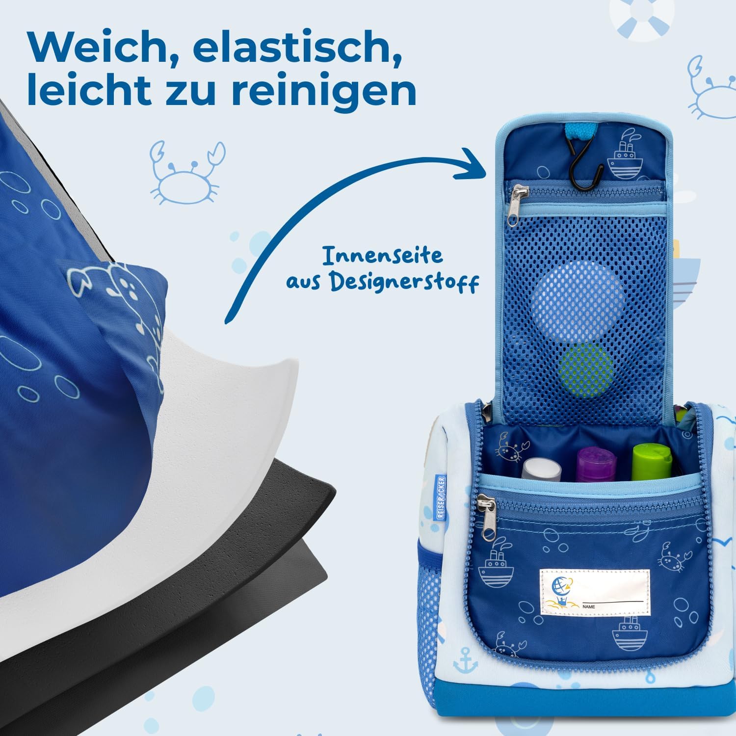 Detalle de REISERACKER Kinder-Kulturbeutel zum Aufhängen inkl. Medi-Tasche – Kulturtasche für Jungen und Mädchen