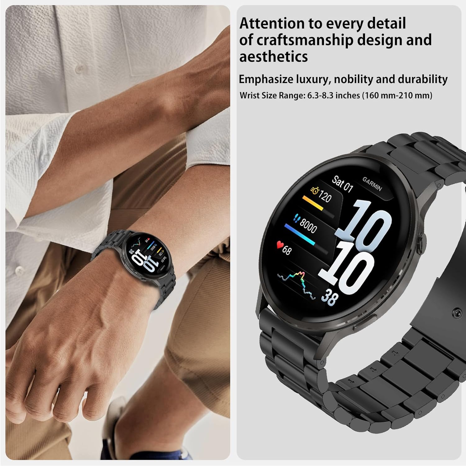 Thumbnail 3 de SumRioo 22mm Stainless Steel Watch Strap for Garmin Venu 4/3/45mm, Forerunner 265/255 Series and Huawei Watch GT 6/6Pro (Black)