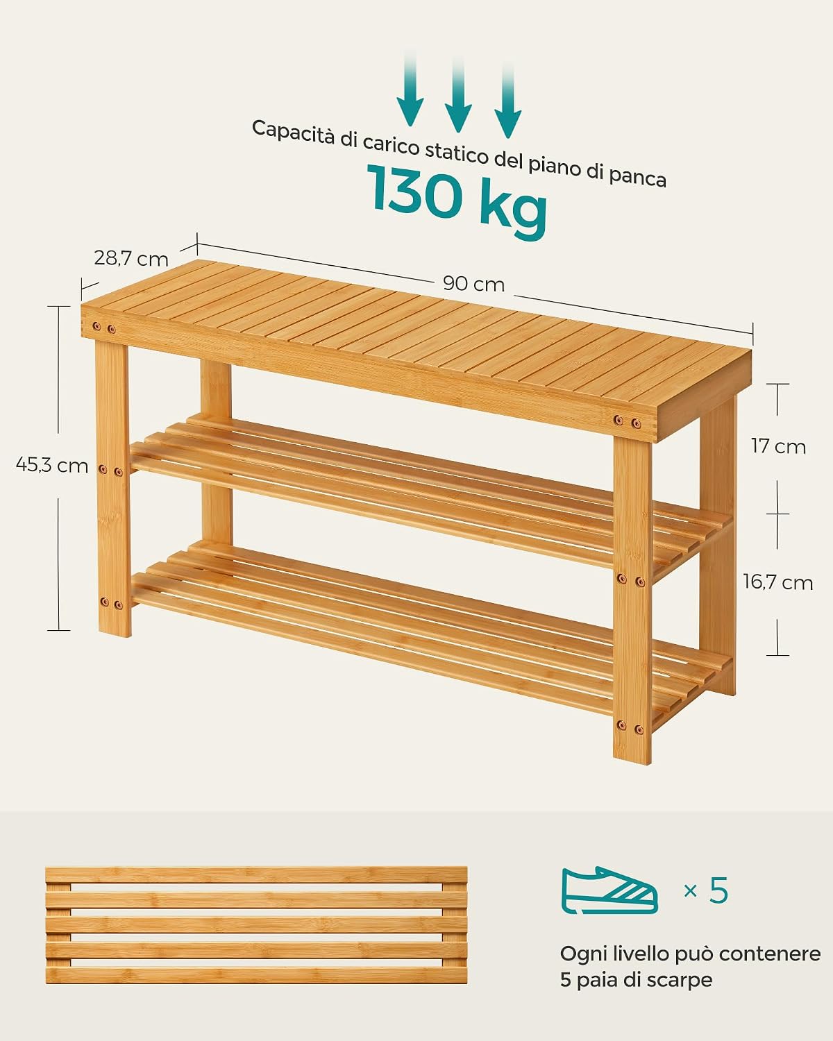 Detalle de SONGMICS LBS90N Scarpiera in bambù 90L 3 livelli