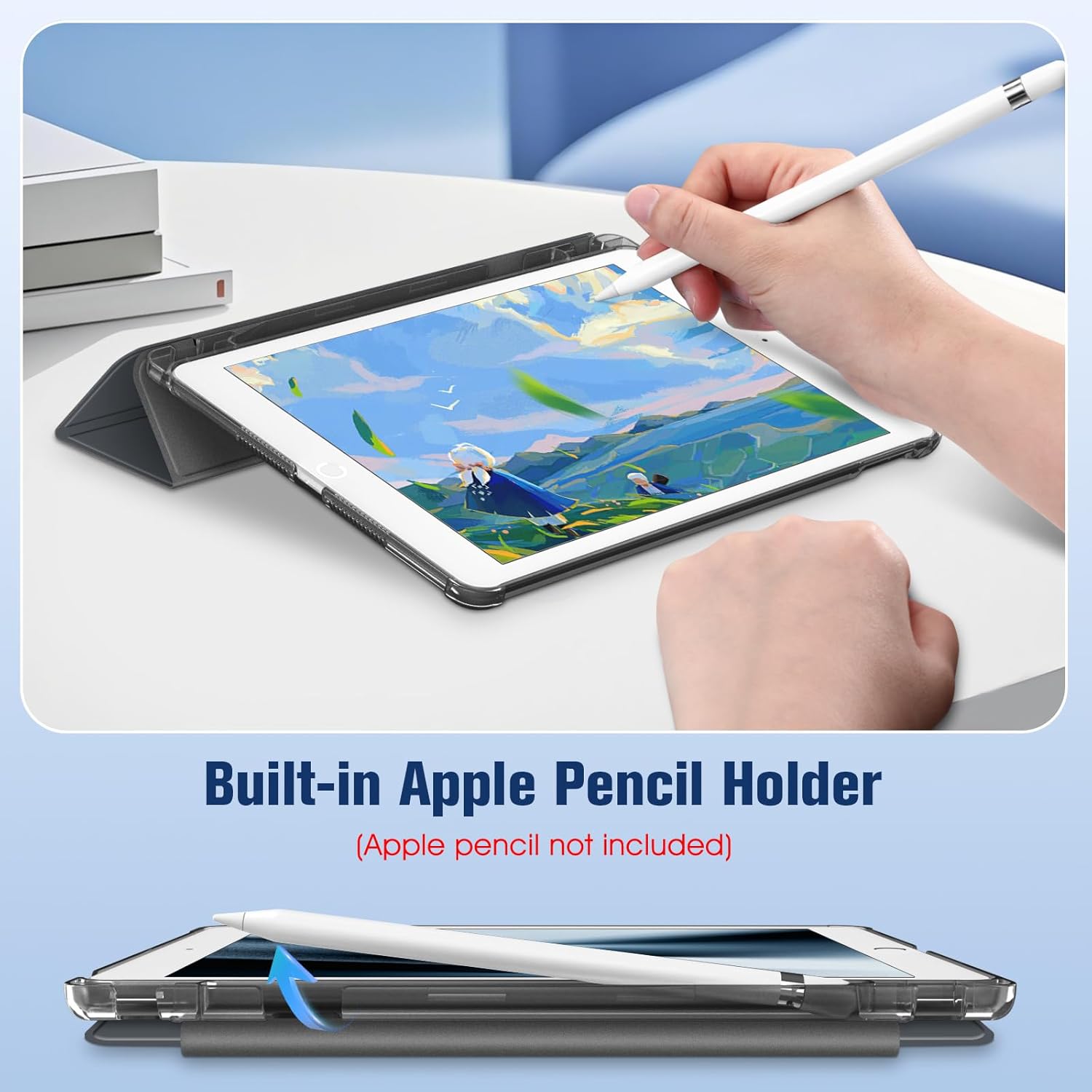 Detalle 2 de Fintie Hülle für iPad 9. Generation / 8. Generation / 7. Generation (10,2 Zoll) – transparent Rückseite, Stifthalter, Schlaf/Wach-Funktion, Himmelgrau