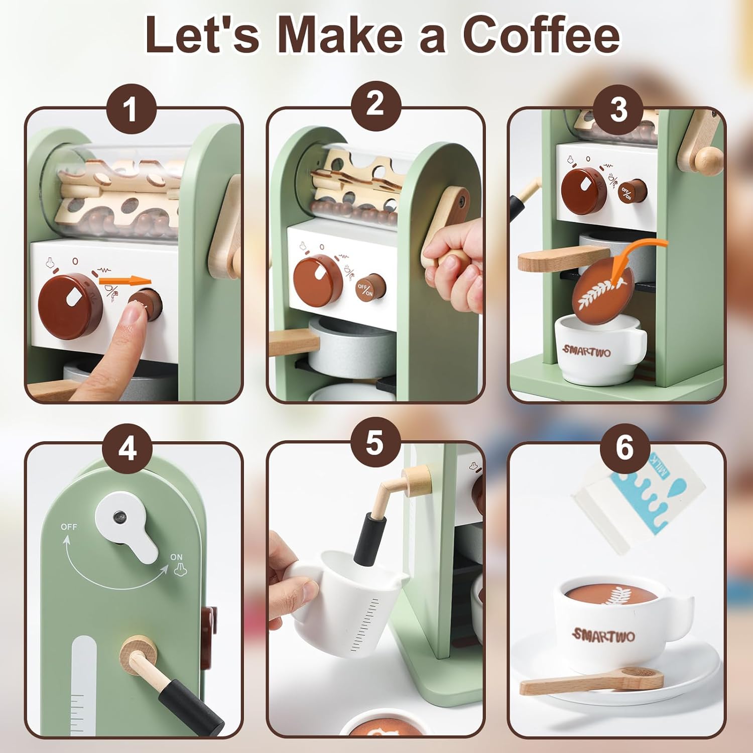 Thumbnail 5 de Smartwo Kinder-Holz-Kaffeemaschine mit Mühle – 17-teiliges Spielset für die Spielküche, grün (ab 3 Jahren)
