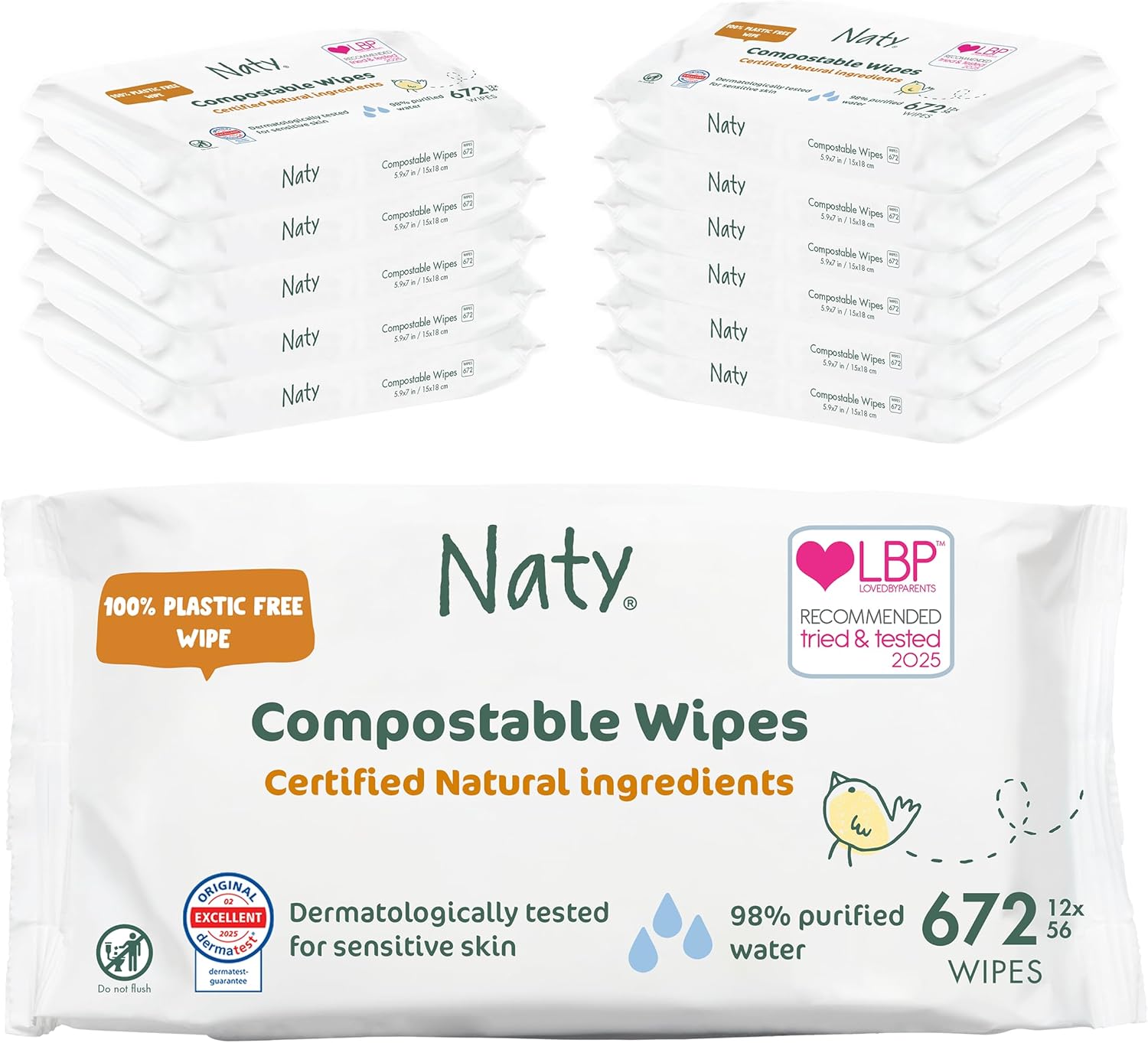Detalle de Naty Baby Wet Wipes: Natural, Fragrance-Free & Plant-Based (672 Count, 12 Packs)