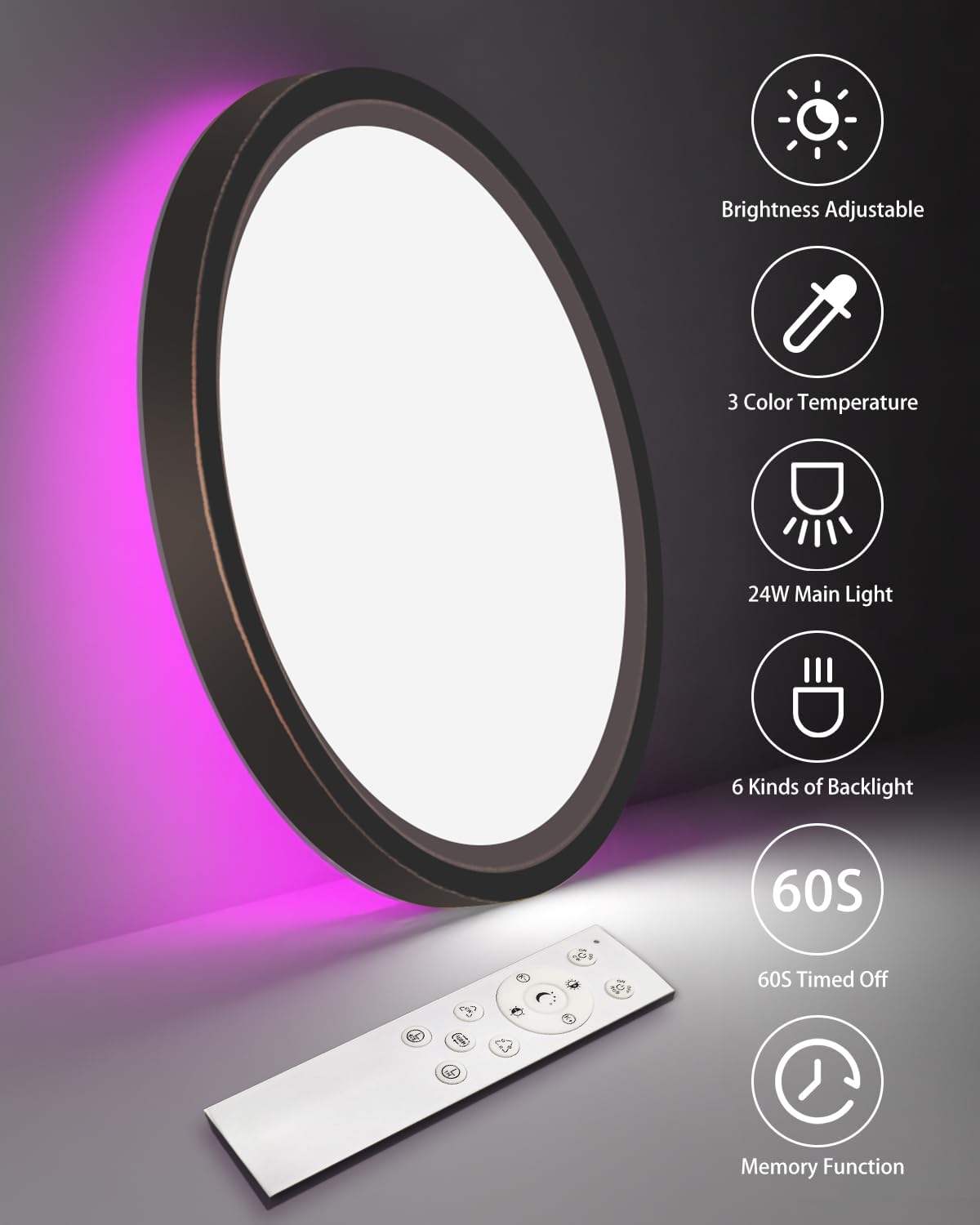 Thumbnail 3 de zemty LED Deckenleuchte dimmbar mit RGB-Farbwechsel und Fernbedienung (IP54, 24W, 3200 lm, 30 cm) für Bad & mehr