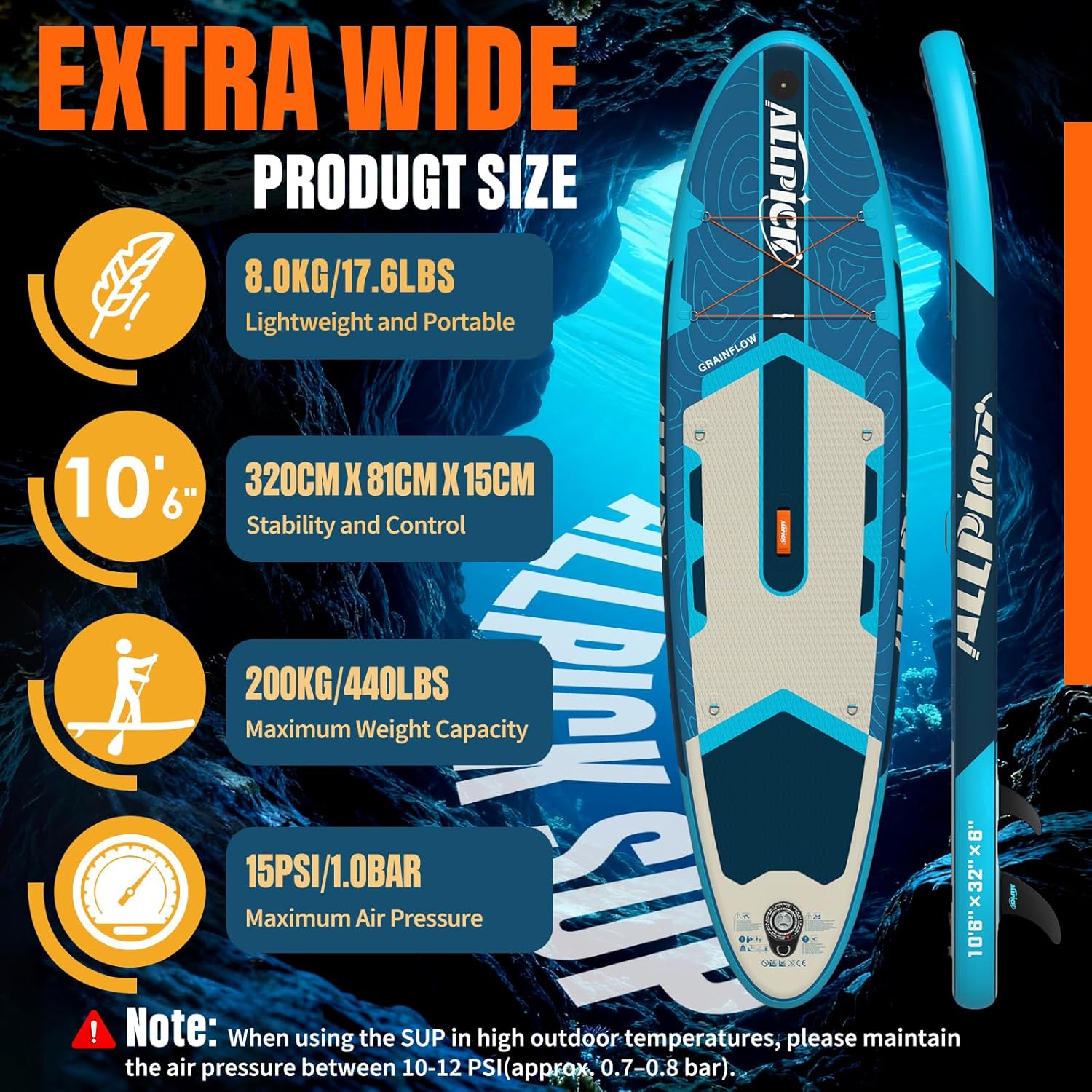 Detalle de ALLPICK Premium SUP-Board Set (aufblasbar) inkl. Zubehör, Kamerahalterung und verstellbarem Paddel