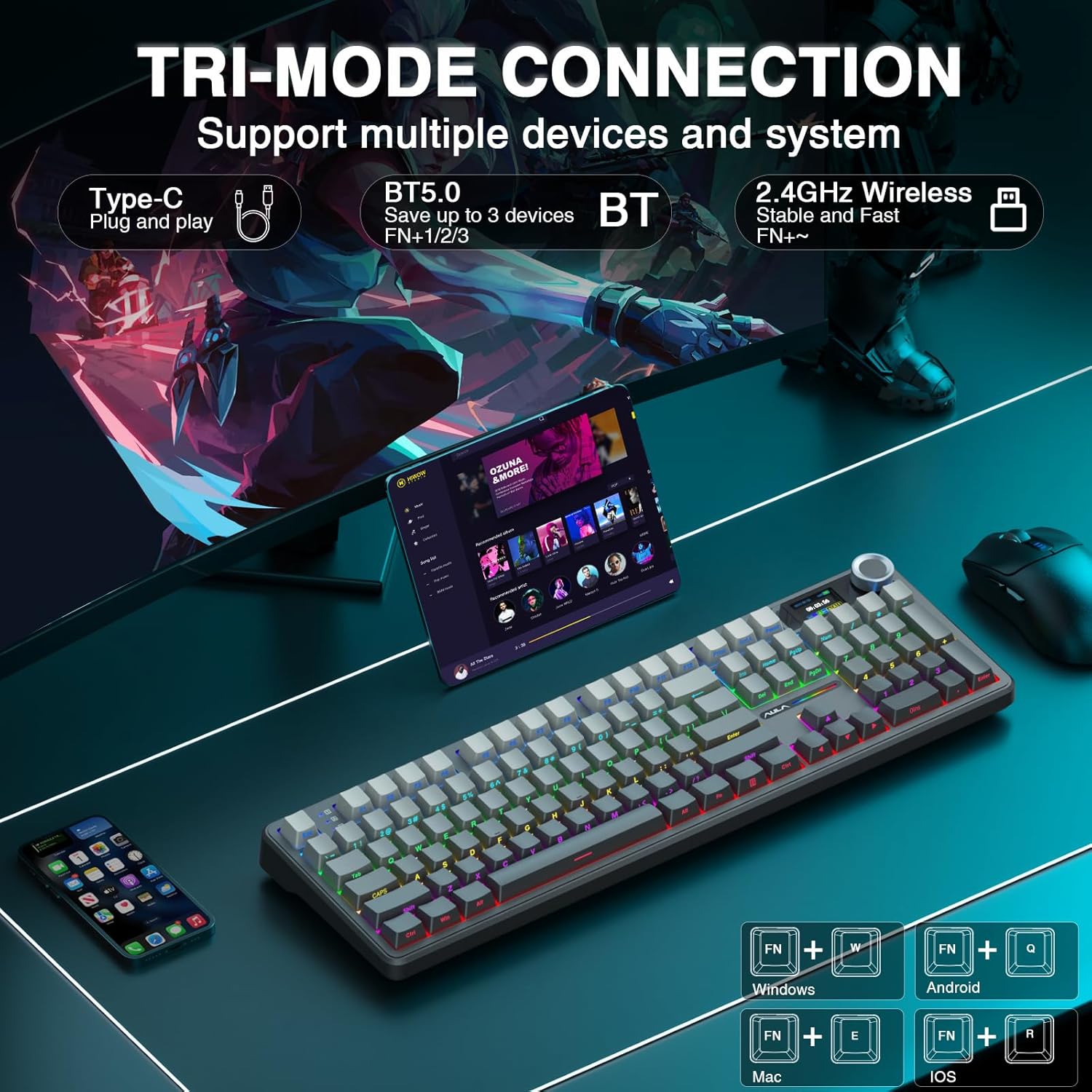 Detalle de AULA F108 Pro Wireless Gaming Keyboard (Full Size) with Display, Knob, RGB & Hot-Swappable Grey