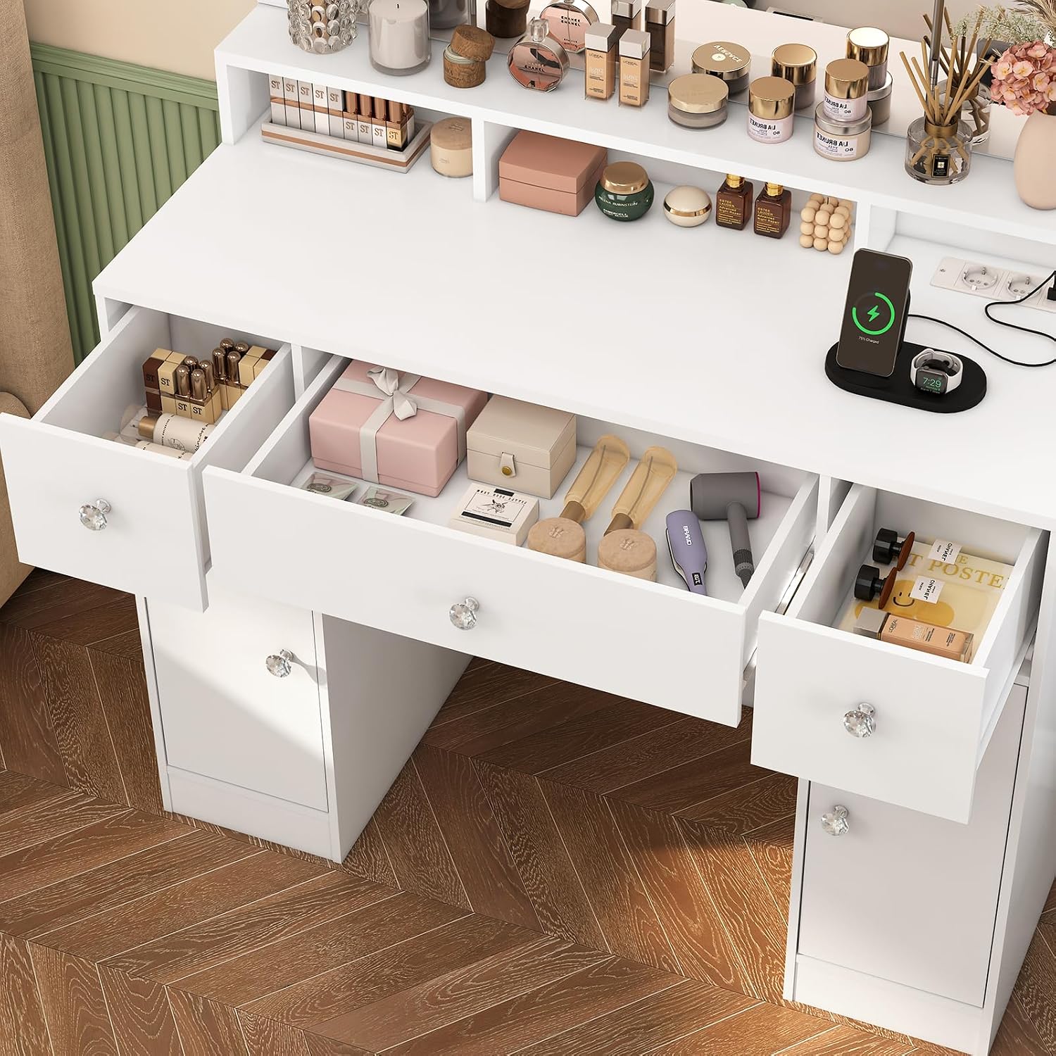 Thumbnail 5 de FIONESO STA007WDN kaptafel met spiegel, 10 ledlampen en 5 laden, wit