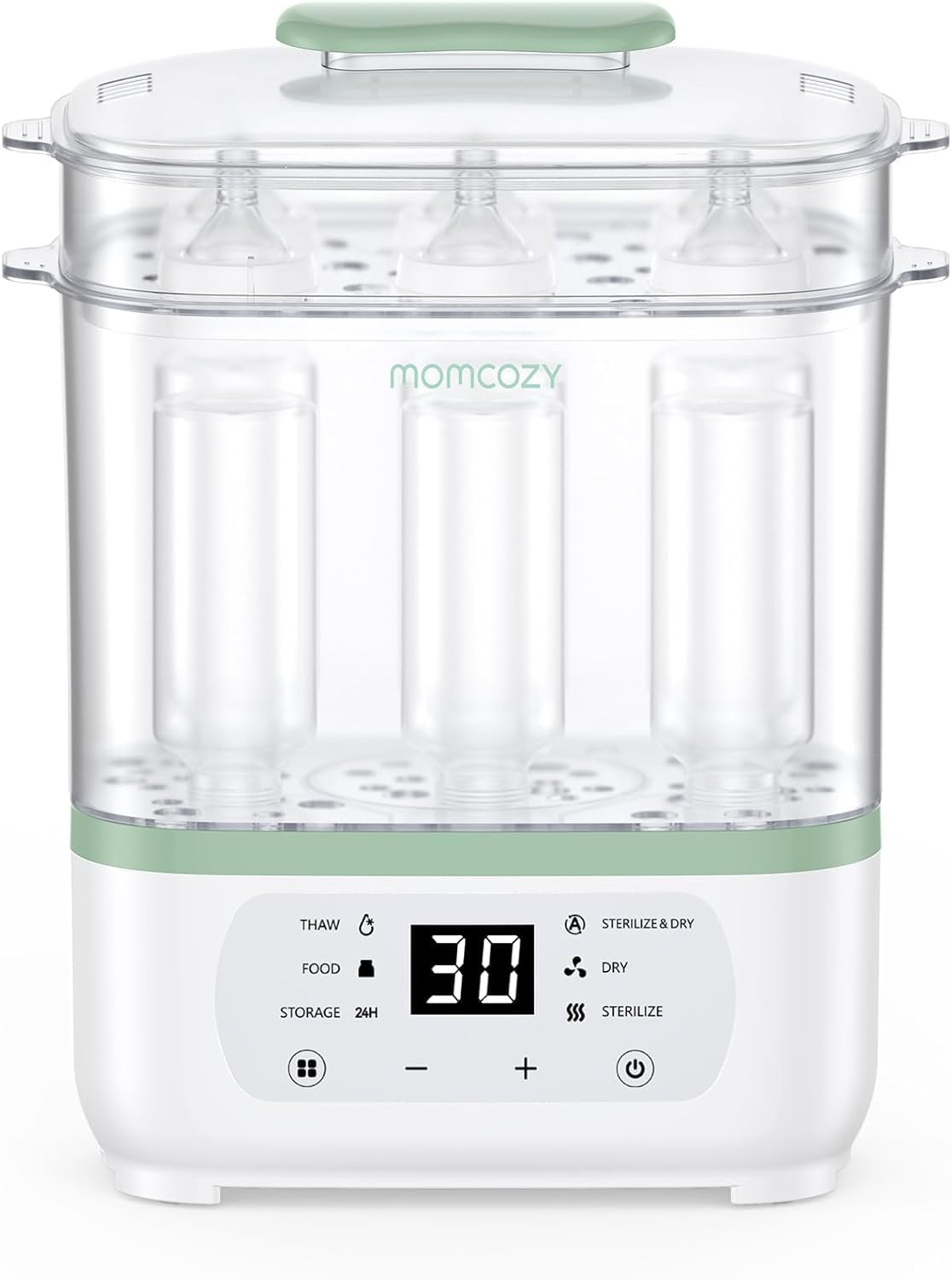 Detalle de Momcozy elektrische stoomsterilisator 3-in-1 voor babyflessen, met droog- en verwarmfunctie