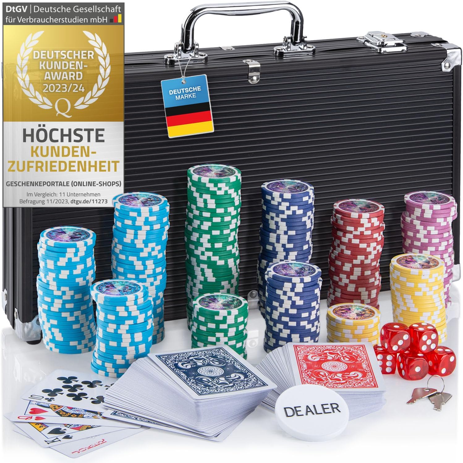 Profi Pokerkoffer Pokerset inkl. 300–500 schwerer 12g Poker-Chips, Deck, Karten, Würfel, Dealer-Button – abschließbarer Alu-Koffer