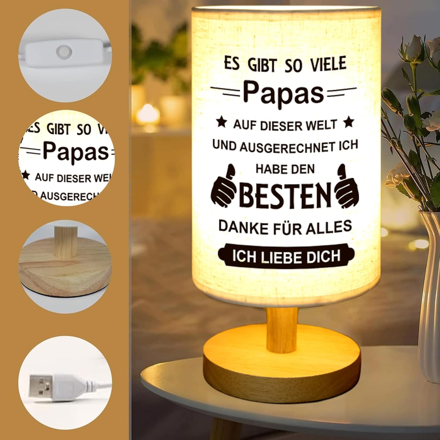 Thumbnail 2 de PRSTENLY Vatertagsgeschenke für Papa – Tischlampe mit warmem Text, USB-Unterstützung und Holzsockel