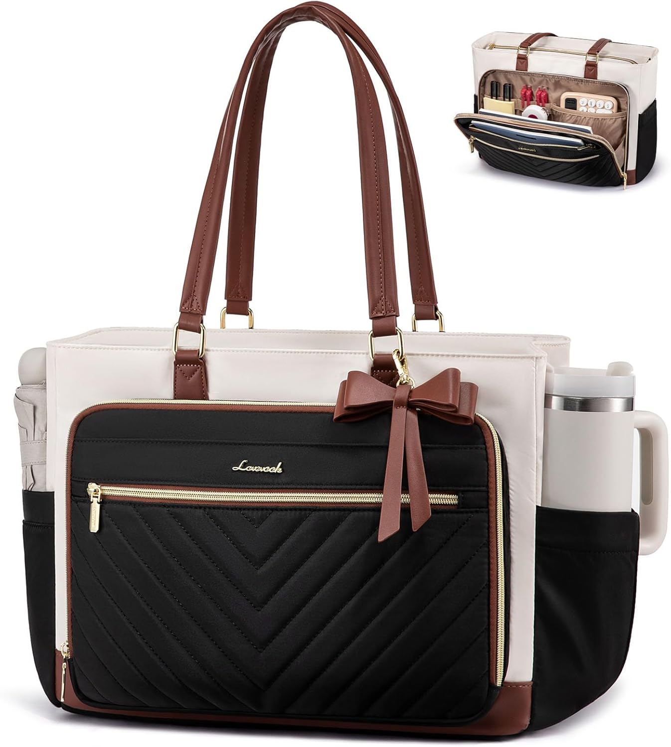 Detalle de LOVEVOOK 17 Inch Laptop Tote Bag for Women with Large Cup Holder & Multi-Pockets (Beige/Black/Brown)