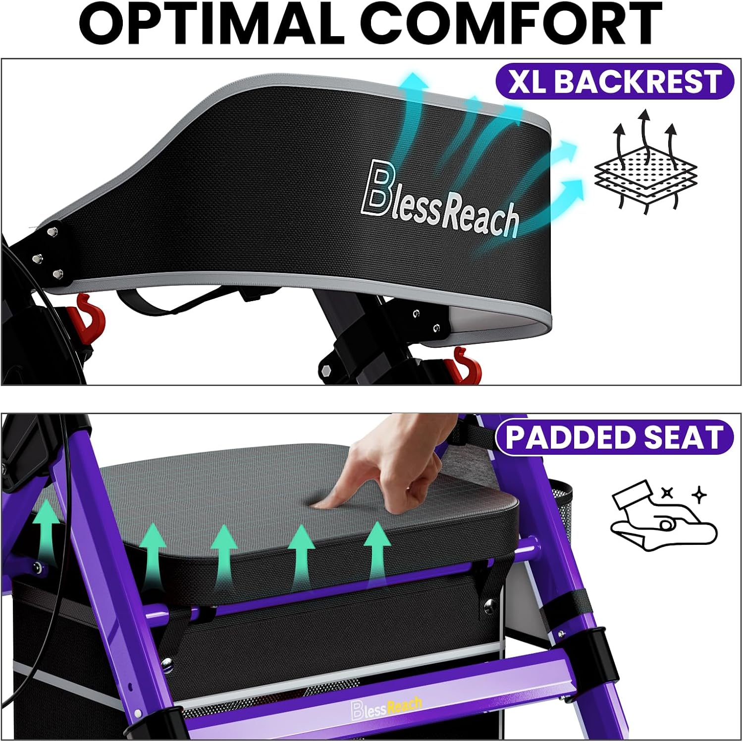 Detalle de BlessReach Foldable Heavy-Duty Rollator Walker, 400 lb Capacity, 8-Inch Wheels