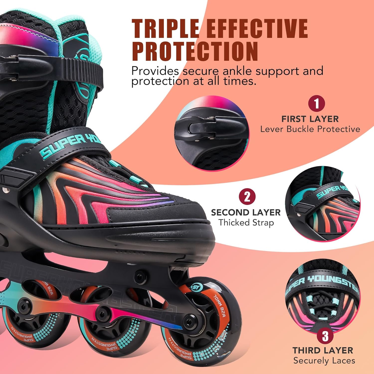 Detalle de SUPER YOUNGSTER Adjustable Light-Up Inline Skates for Kids (4–12) with Durable Build