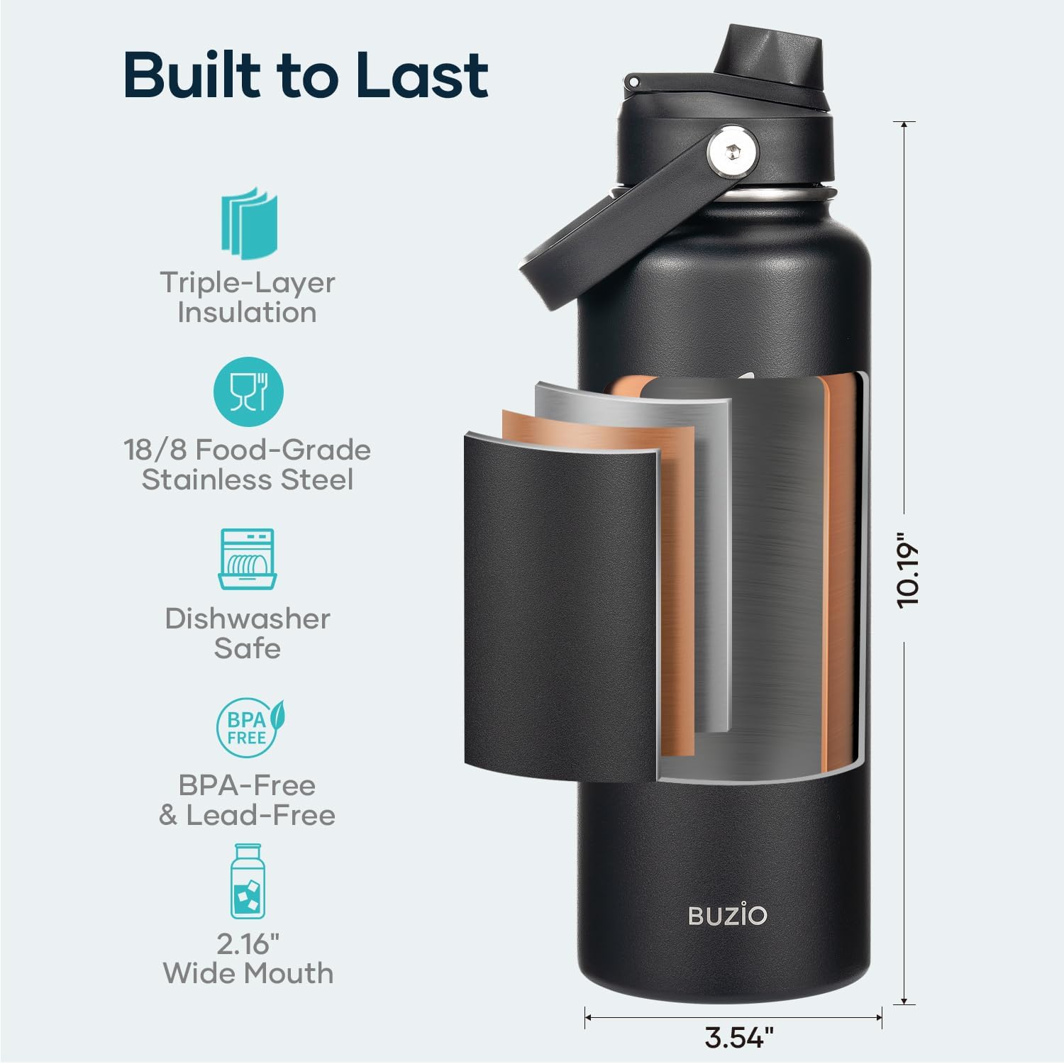 Detalle de BUZIO Stainless Steel Water Bottle with Straw 1180 ml