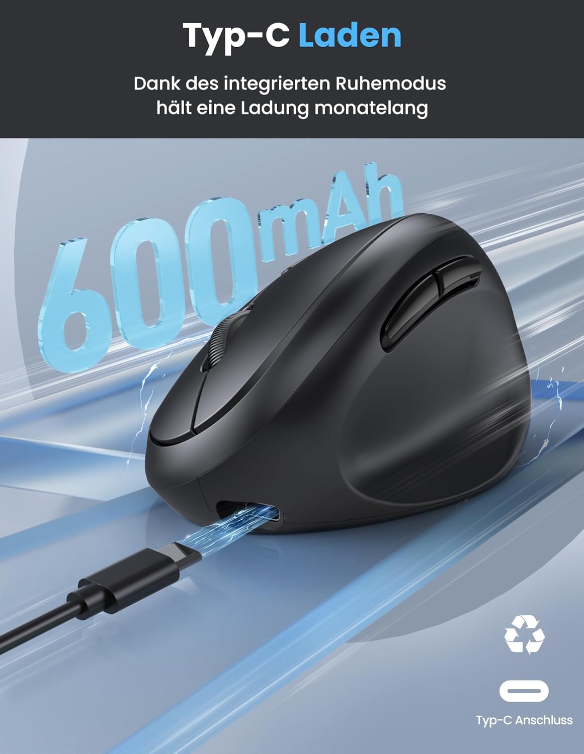 Thumbnail 3 de TECKNET ergonomische Bluetooth-Maus (BT 5.0/3.0 + 2,4G), wiederaufladbar, 3-Geräte, 6 Tasten, 4800 DPI