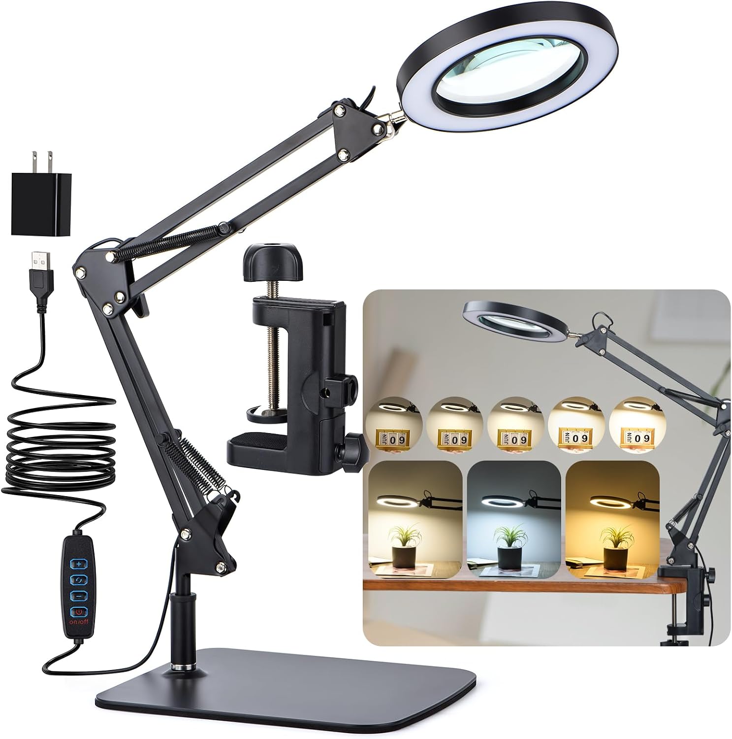 Detalle de Dylviw LED Magnifying Desk Lamp with 5x Glass Lens, 3 Light Modes and Dimming