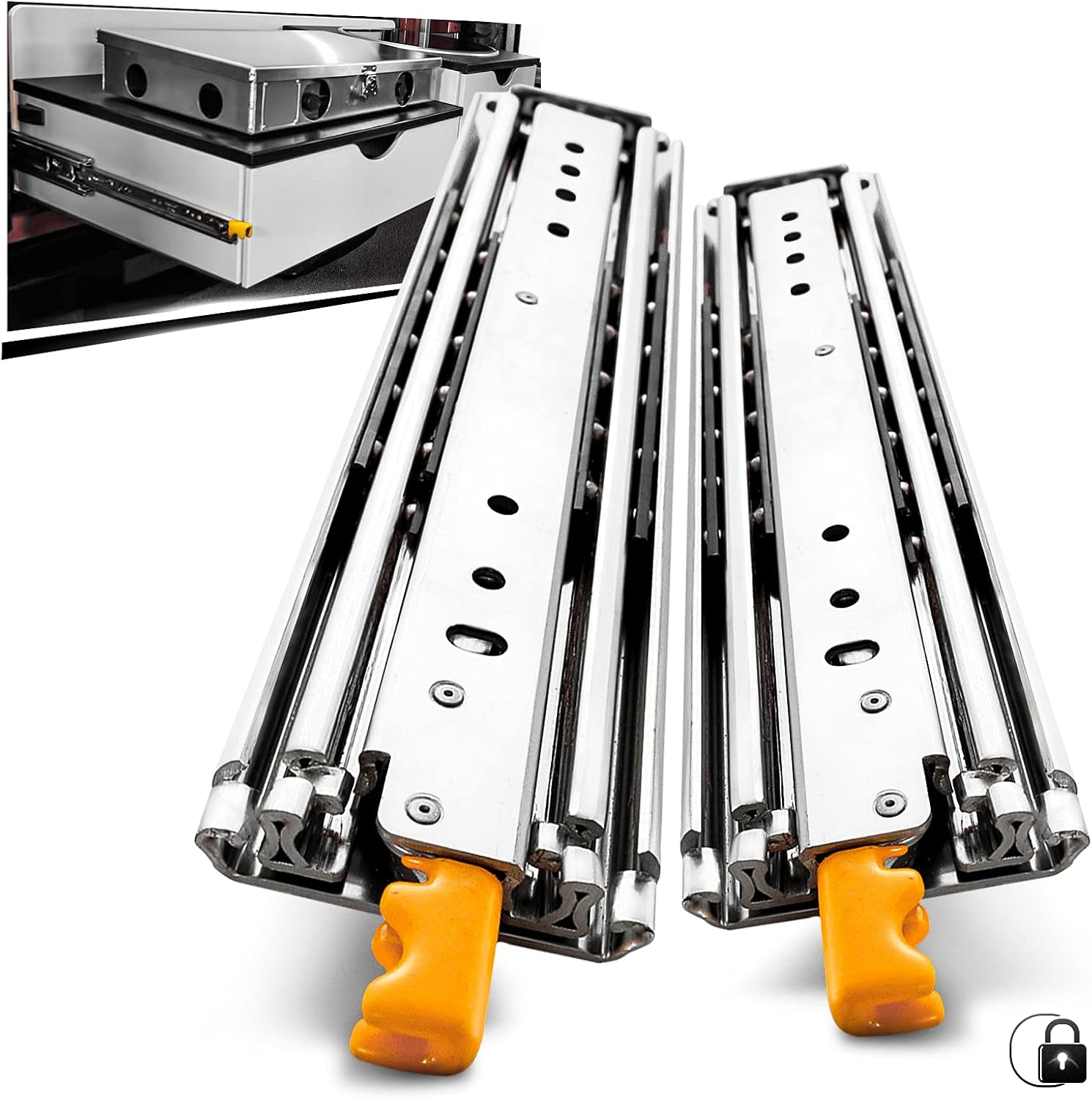AOLISHENG Heavy Duty Drawer Runners with Lock, 210kg load capacity, side mount full extension (24 inch / 600mm) – 1 pair