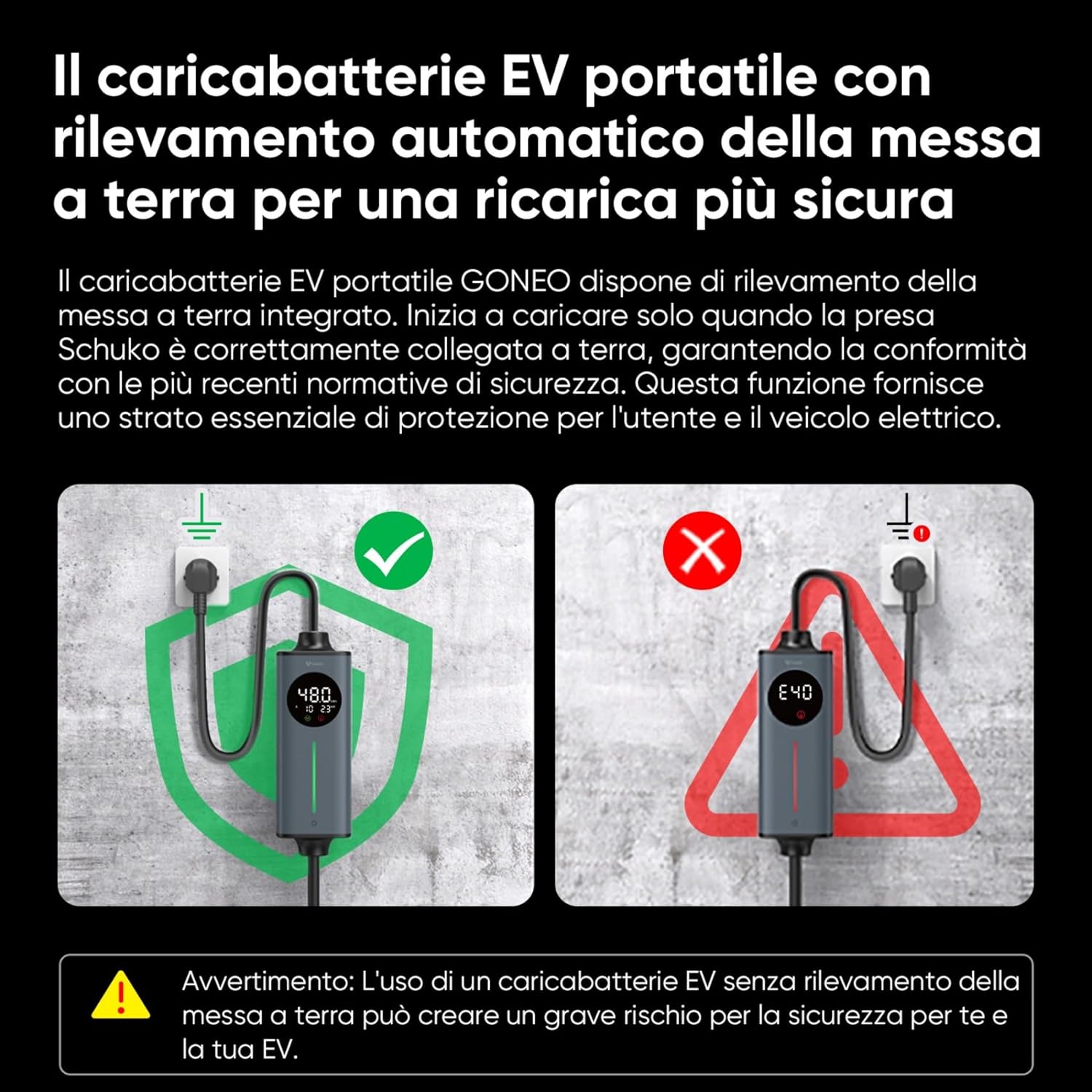 Detalle de GONEO Cavo Ricarica Auto Elettrica Tipo 2 Schuko 16A 3,68kW monofase, 5 m con sensore di temperatura e protezione CA/CC