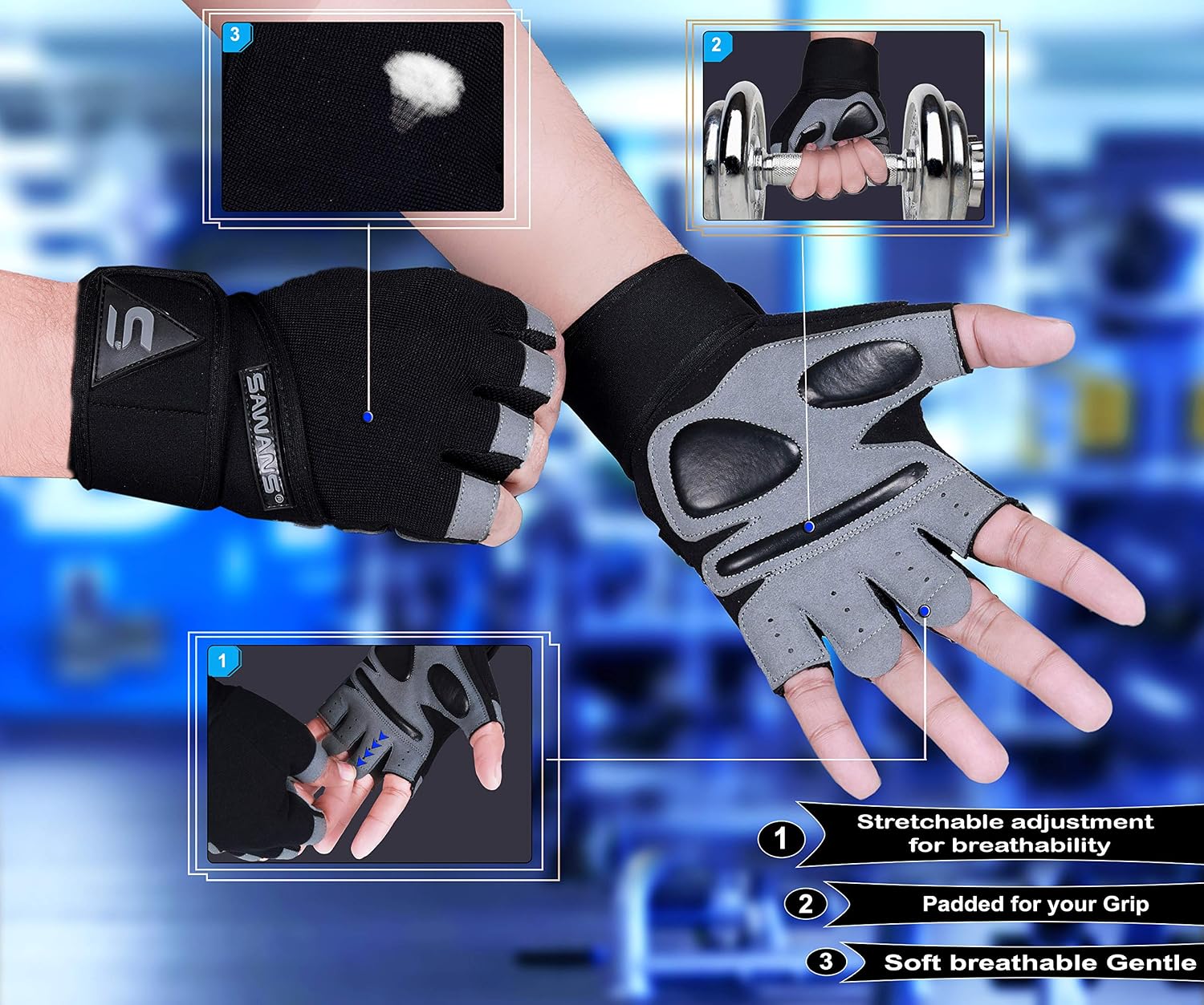 Thumbnail 1 de SAWANS Guantes de Gimnasio con Soporte de Muñeca