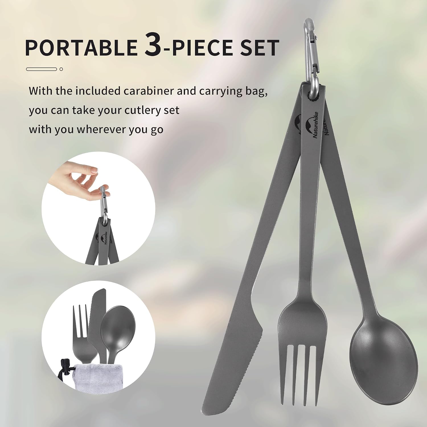 Detalle de Naturehike NH19T012-D titanium campingbestekset met mes, vork en lepel