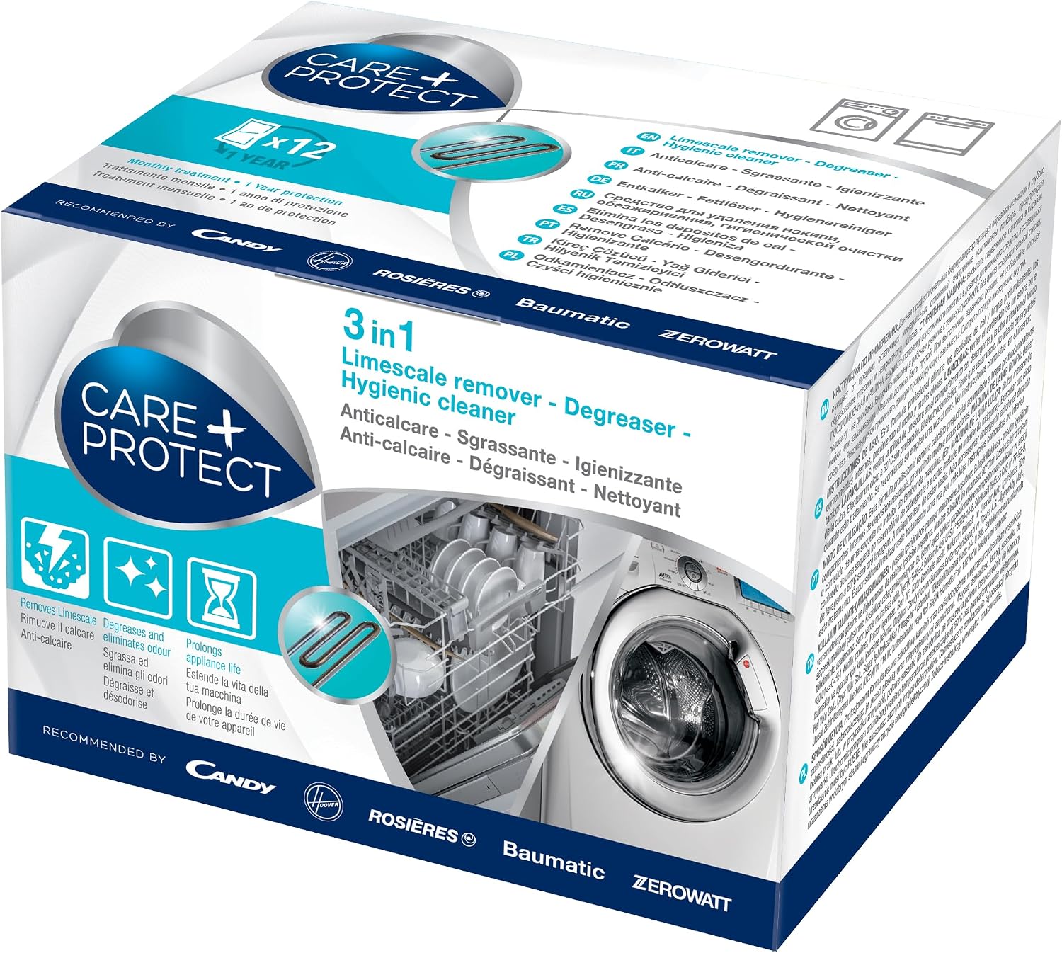 CARE + PROTECT 3in1 Anticalcare, Sgrassante e Igienizzante – 12 Bustine