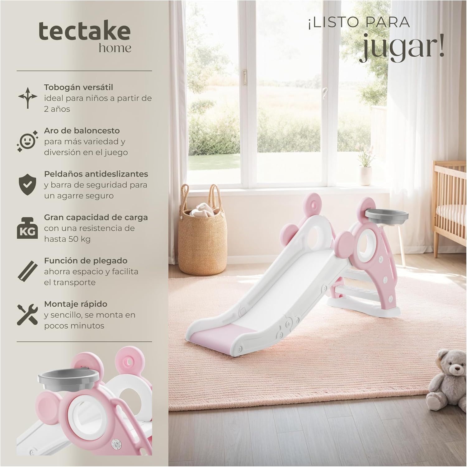 Detalle 2 de tectake® Tobogán Plegable con Canasta y Escalada Infantil 🛝