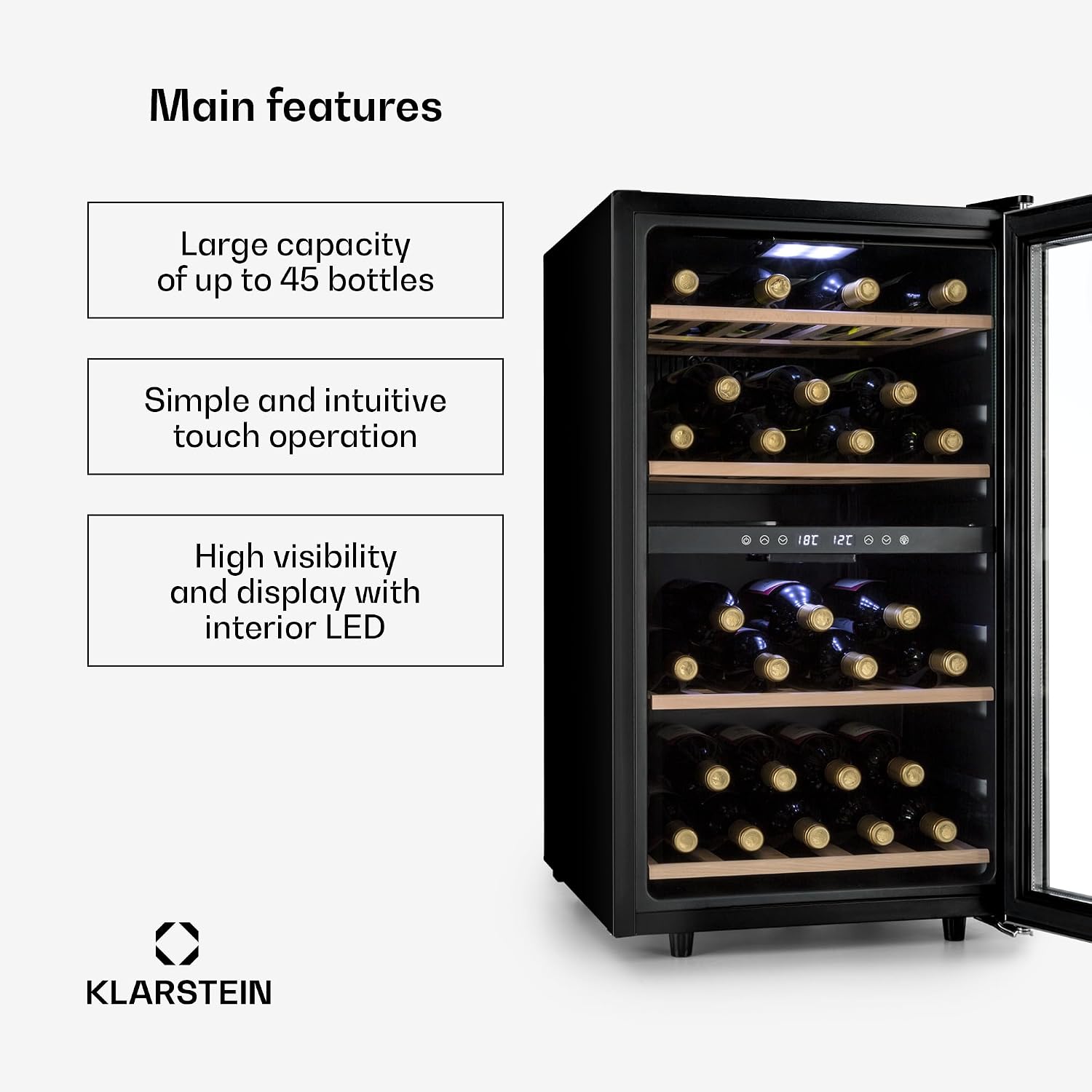 Detalle de Klarstein 10045908 Dual-Zone Wine Cooler, 45 Bottles, 5–18 °C, Glass Door