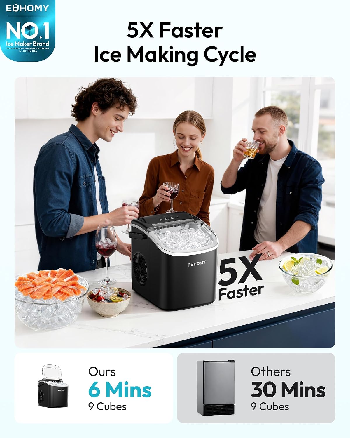 Thumbnail 1 de EUHOMY Countertop Ice Maker Machine with Handle (Black) – 26lbs/24H, Bullet Ice in 6 Minutes