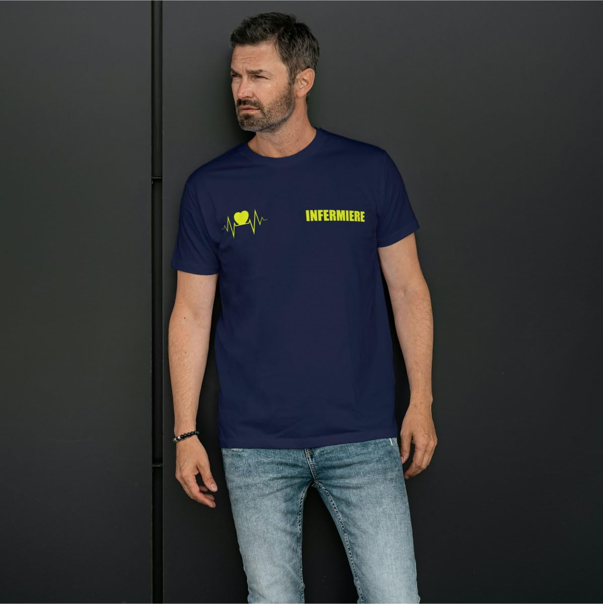 Thumbnail 1 de T-shirt in cotone per infermiere 118 soccorso con stampa fluo fronte e retro NM (Blu Navy, S)
