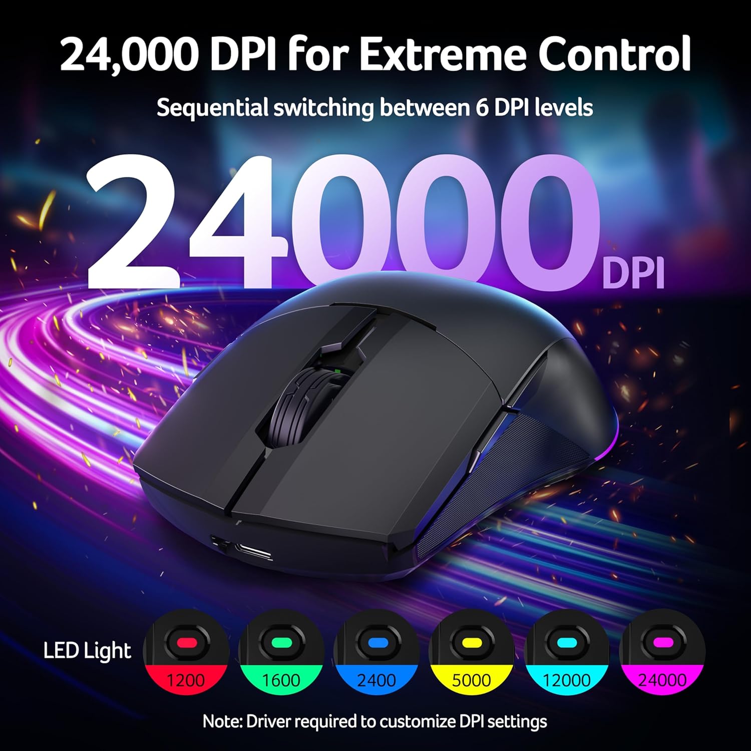 Detalle de Acer Wireless Gaming Mouse for Laptop — 24,000 DPI, Ambidextrous, 8 Programmable Buttons