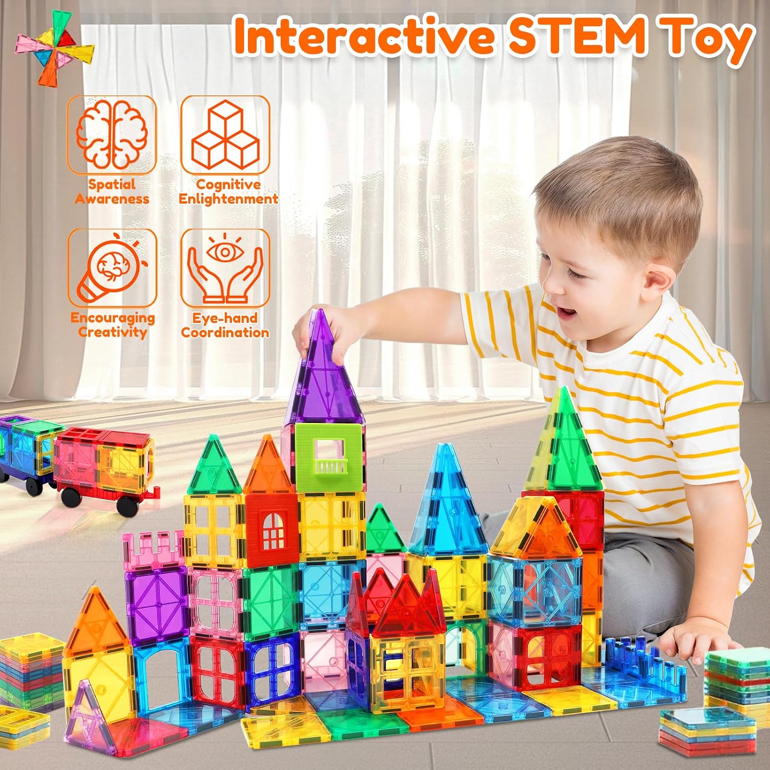 Detalle de Landtaix 100-Piece Magnetic Tiles: STEM Building Blocks for Kids 4–8