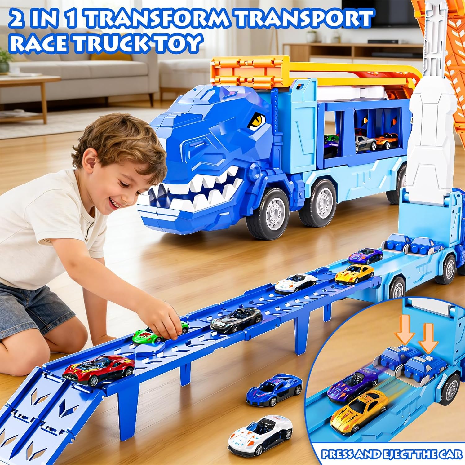 Thumbnail 1 de Doloowee Dinosaurier LKW Spielzeug-Set mit Kran und 12 Mini-Rennwagen (ab 3 Jahren)