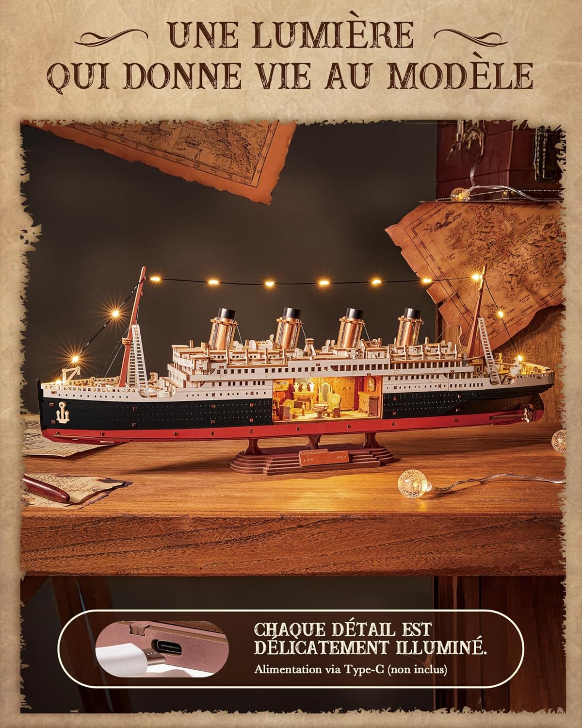 Thumbnail 3 de ROBOTIME Puzzle 3D en bois 1912 Eternal Atlantic Voyager (paquebot) avec éclairage LED