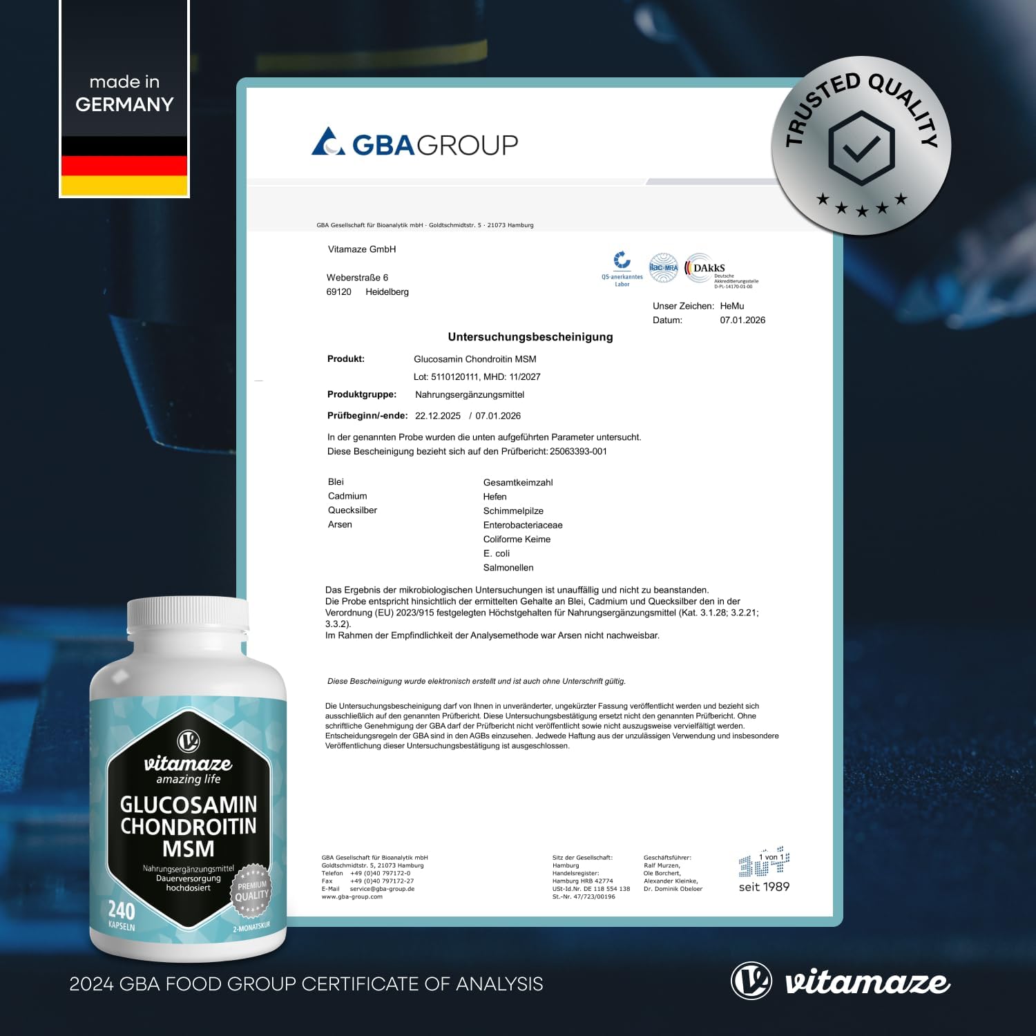 Thumbnail 6 de VITAL-Komplex mit Glucosamin, Chondroitin, MSM & Vitamin C – hochdosiert, 240 Kapseln (Made in Germany)