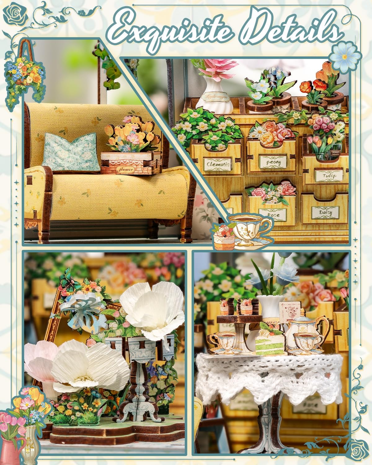 Detalle 2 de CUTEBEE Windsor Flower House – Europäisch-retro 3D-Puzzle Book Nook Set